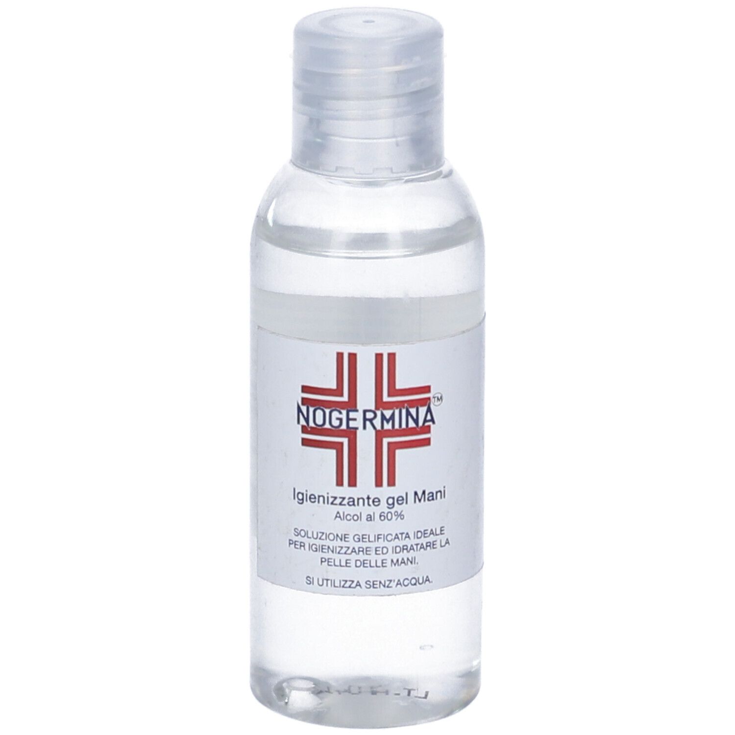 Flacone trasparente con etichetta bianca. Scritta: NOGERMINA, Igienizzante gel Mani, Alcool al 60%.