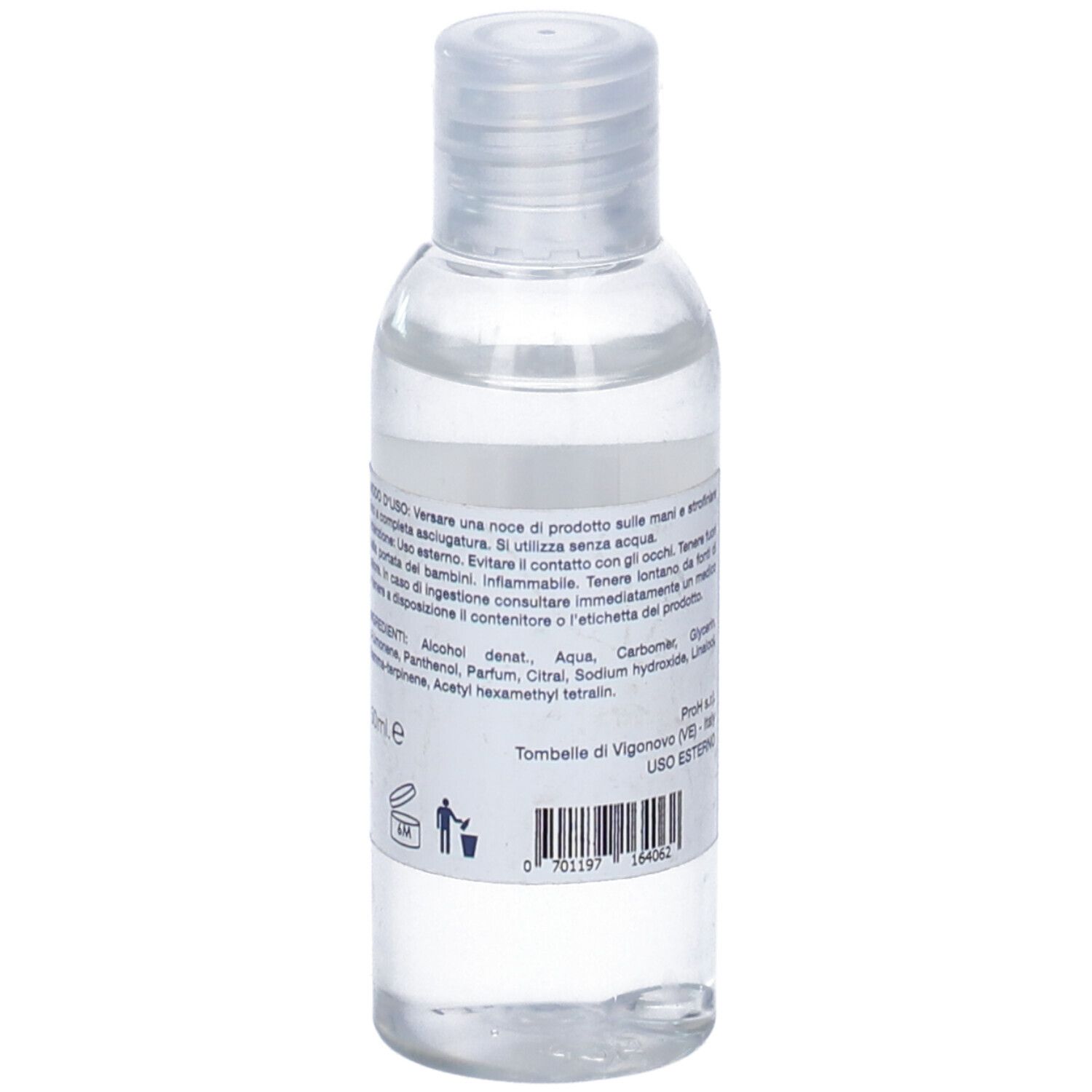 Flacone trasparente con etichetta bianca. Testo: ingredienti, istruzioni, informazioni produttore e simbolo riciclo.