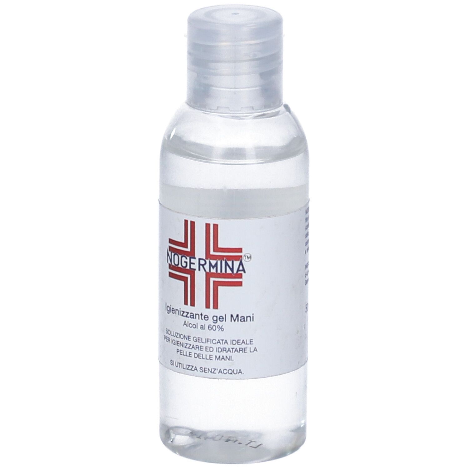 Flacone trasparente con etichetta bianca. Scritta: NOGERMINA, Igienizzante gel Mani, Alcool al 60%.