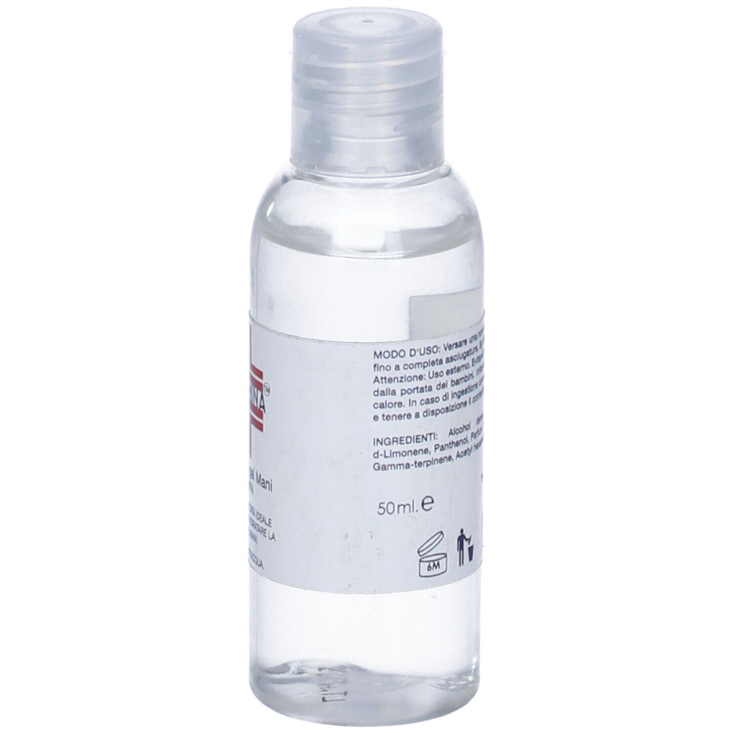 Flacone trasparente con etichetta bianca. Testo: istruzioni, ingredienti, 50ml e simbolo riciclo.