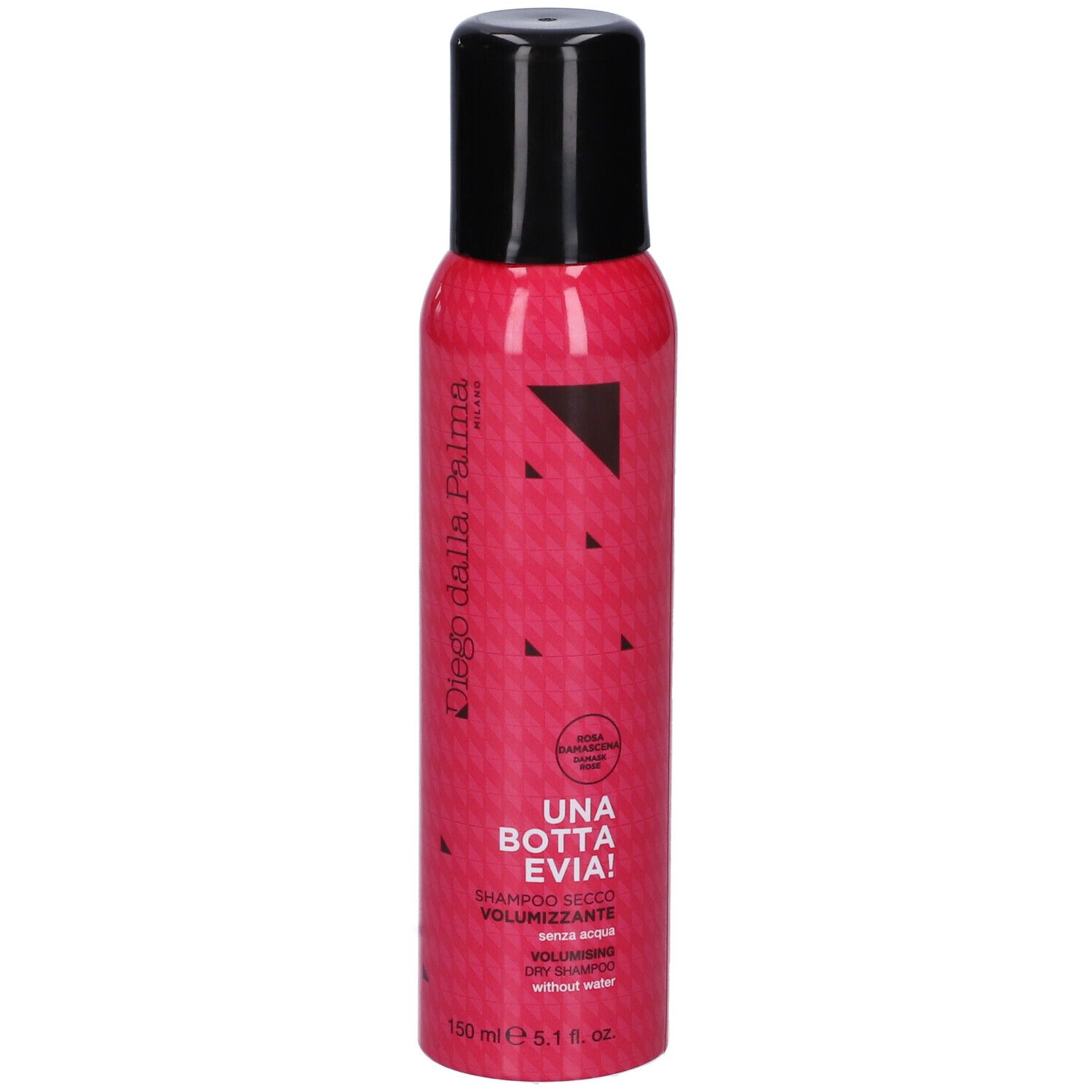 Flacone rosa con tappo nero. Testo: Diego dalla Palma, UNA BOTTA EVIA!, Shampoo secco volumizzante, senza acqua.