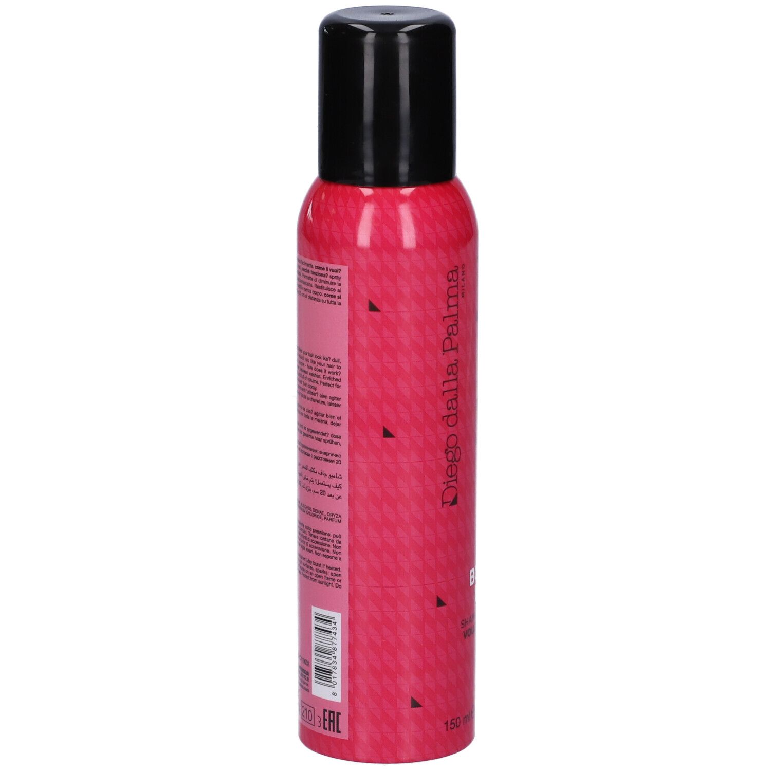 Retro del flacone rosa con tappo nero. Testo: Diego dalla Palma, informazioni sul prodotto, ingredienti, avvertenze.