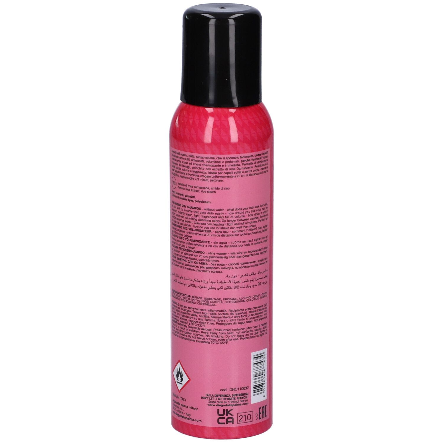 Retro del flacone rosa con tappo nero. Testo: Diego dalla Palma, informazioni, ingredienti, avvertenze, pittogrammi.
