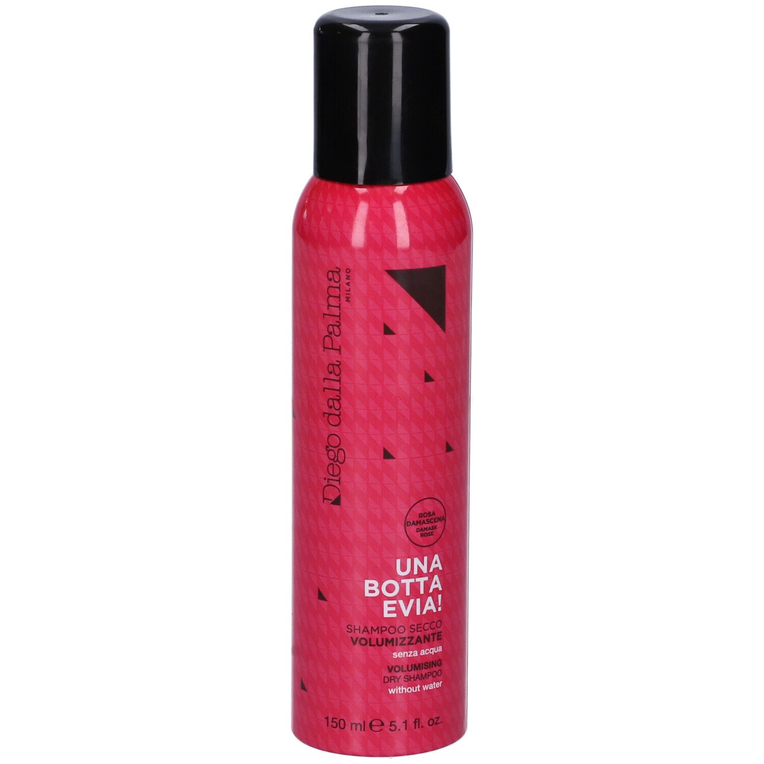 Flacone rosa con tappo nero. Testo: Diego dalla Palma, UNA BOTTA EVIA!, Shampoo secco volumizzante, senza acqua.