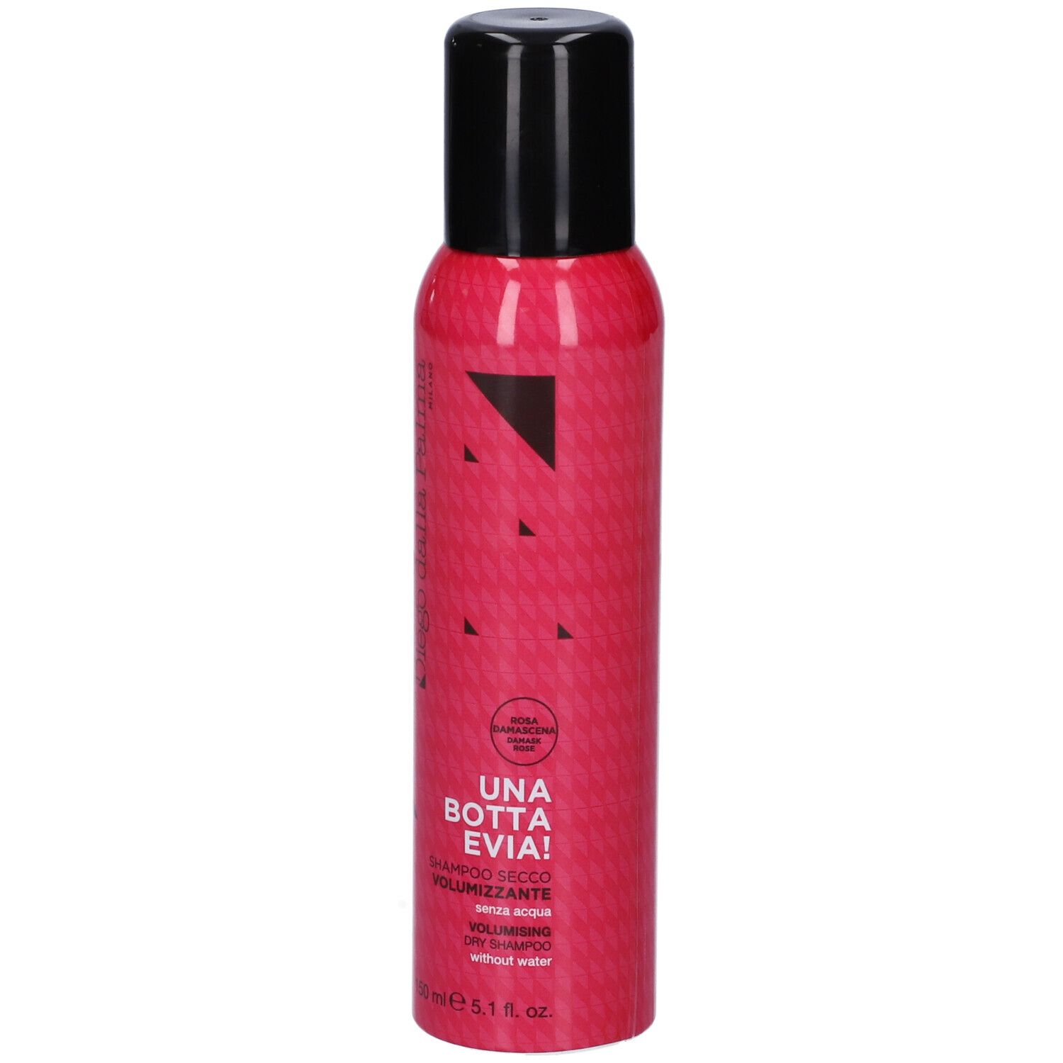 Flacone rosa con tappo nero. Testo: Diego dalla Palma, UNA BOTTA EVIA!, Shampoo secco volumizzante, senza acqua.