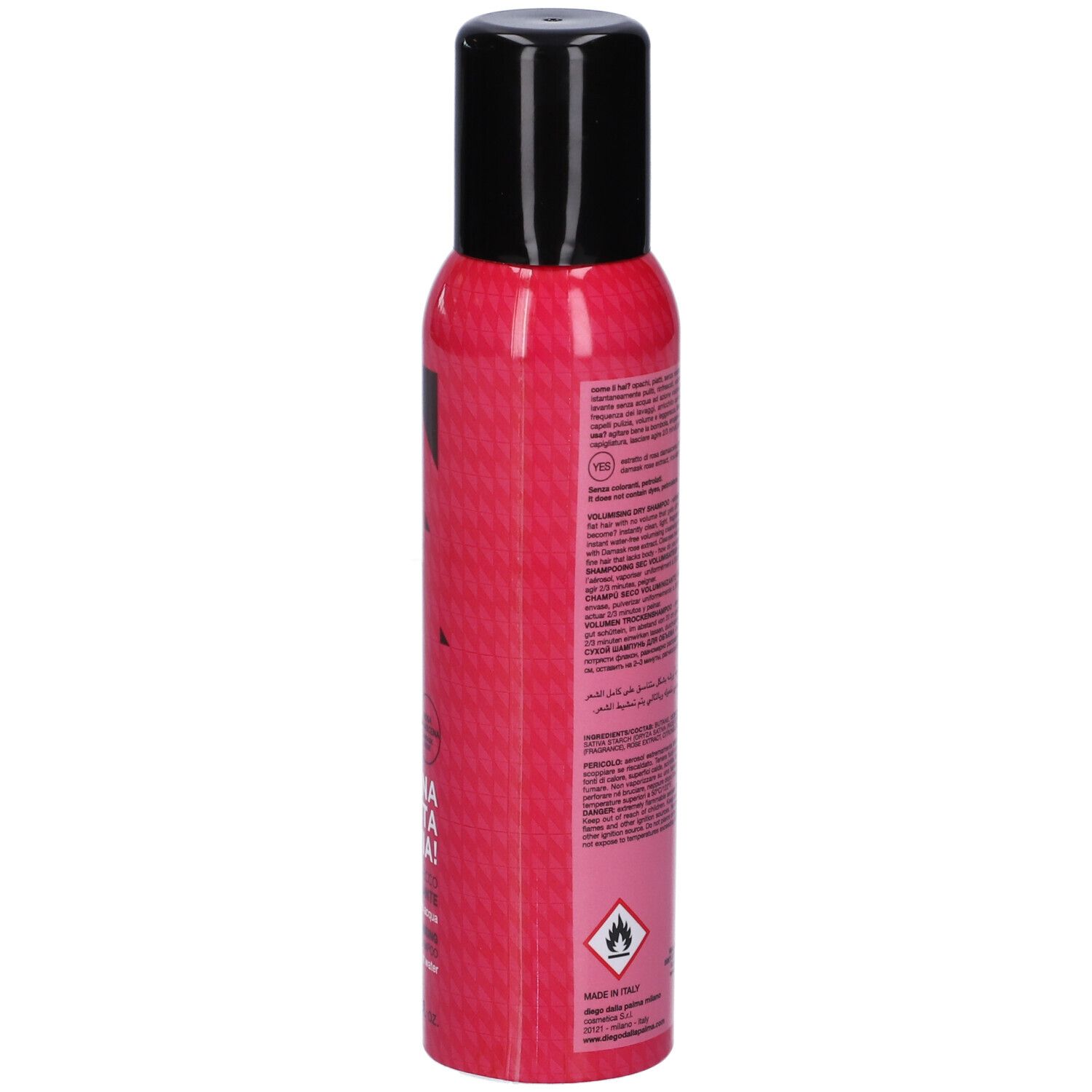 Lato del flacone rosa con tappo nero. Testo: Diego dalla Palma, UNA BOTTA EVIA!, Shampoo secco volumizzante, senza acqua.