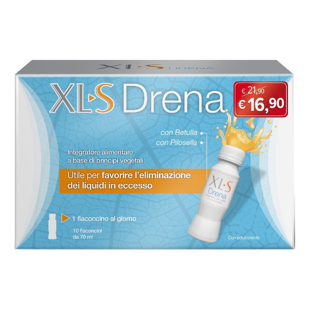 Scatola di XLS Drena. Stampa: riduzione di prezzo, 10 flaconcini. Un flaconcino con liquido è raffigurato.