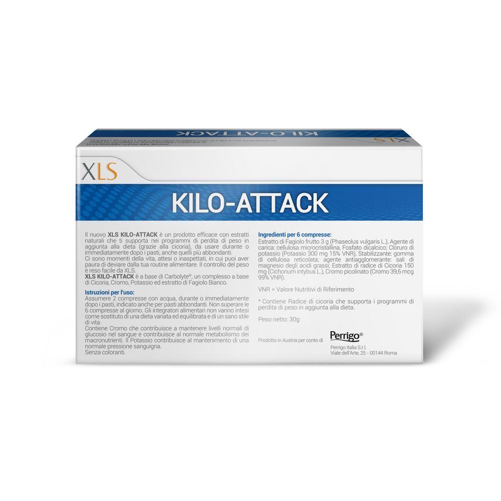 Retro della scatola XLS Kilo-Attack. Contiene informazioni sugli ingredienti e i valori nutrizionali.