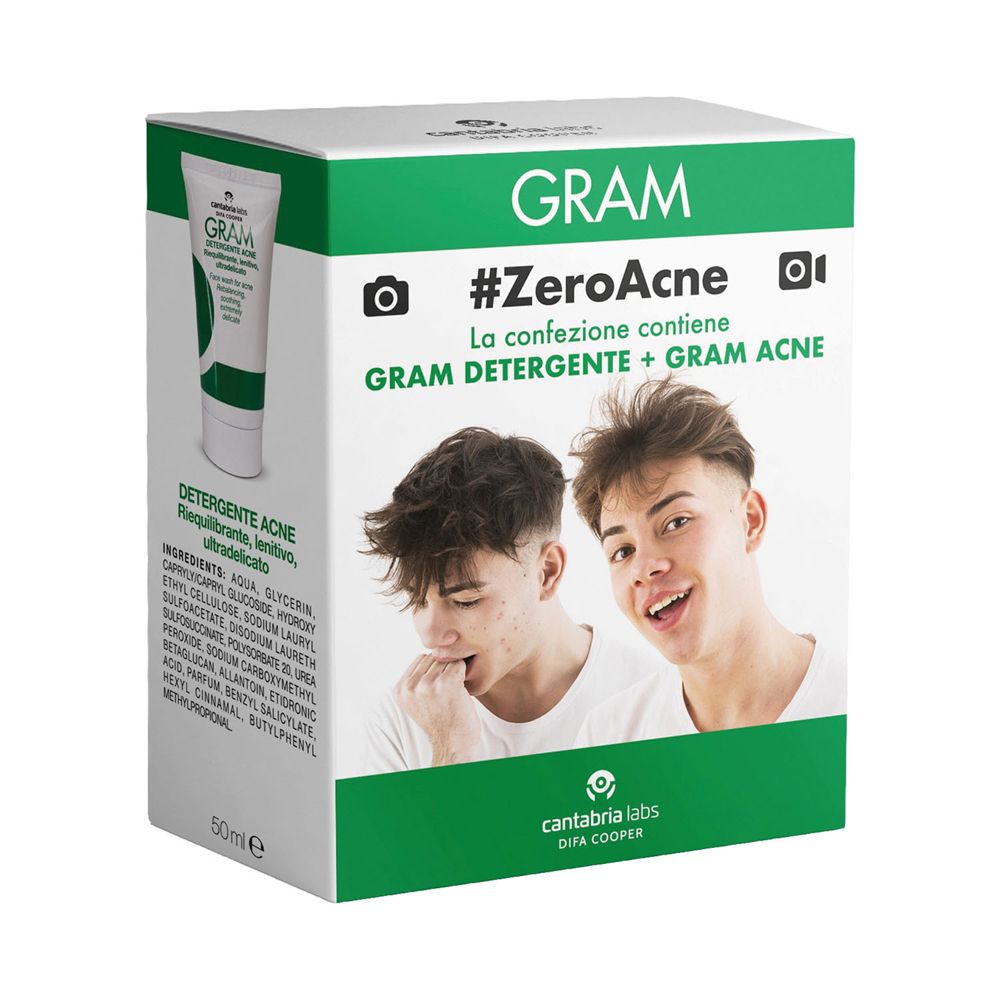 Confezione GRAM #ZeroAcne. Contiene GRAM DETERGENTE + GRAM ACNE. Rappresentati due ragazzi. Sulla confezione è visibile un tubetto.
