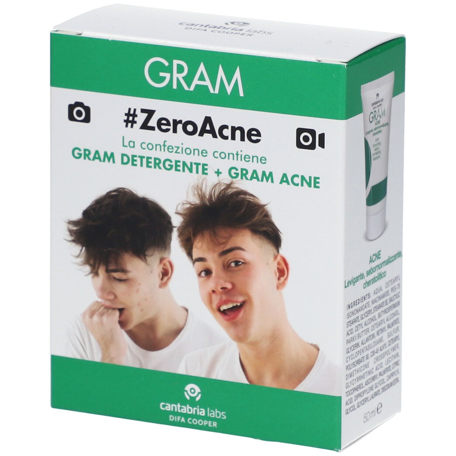 Confezione GRAM #ZeroAcne. Contiene GRAM DETERGENTE + GRAM ACNE. Rappresentati due ragazzi. Un tubetto è visibile sulla confezione.
