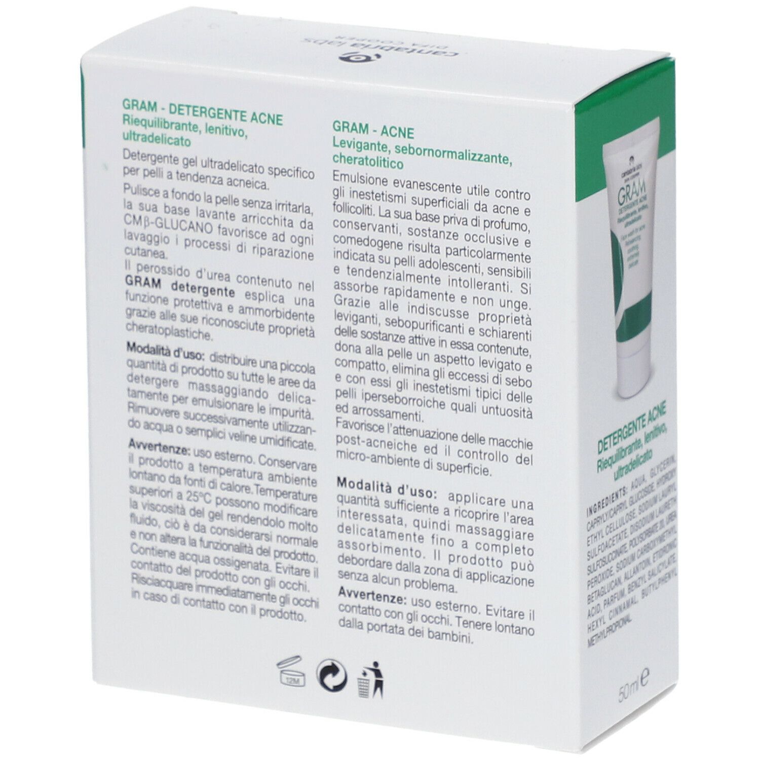 Confezione GRAM #ZeroAcne. Contiene GRAM DETERGENTE + GRAM ACNE. Un tubetto è visibile. Testo e ingredienti visibili.