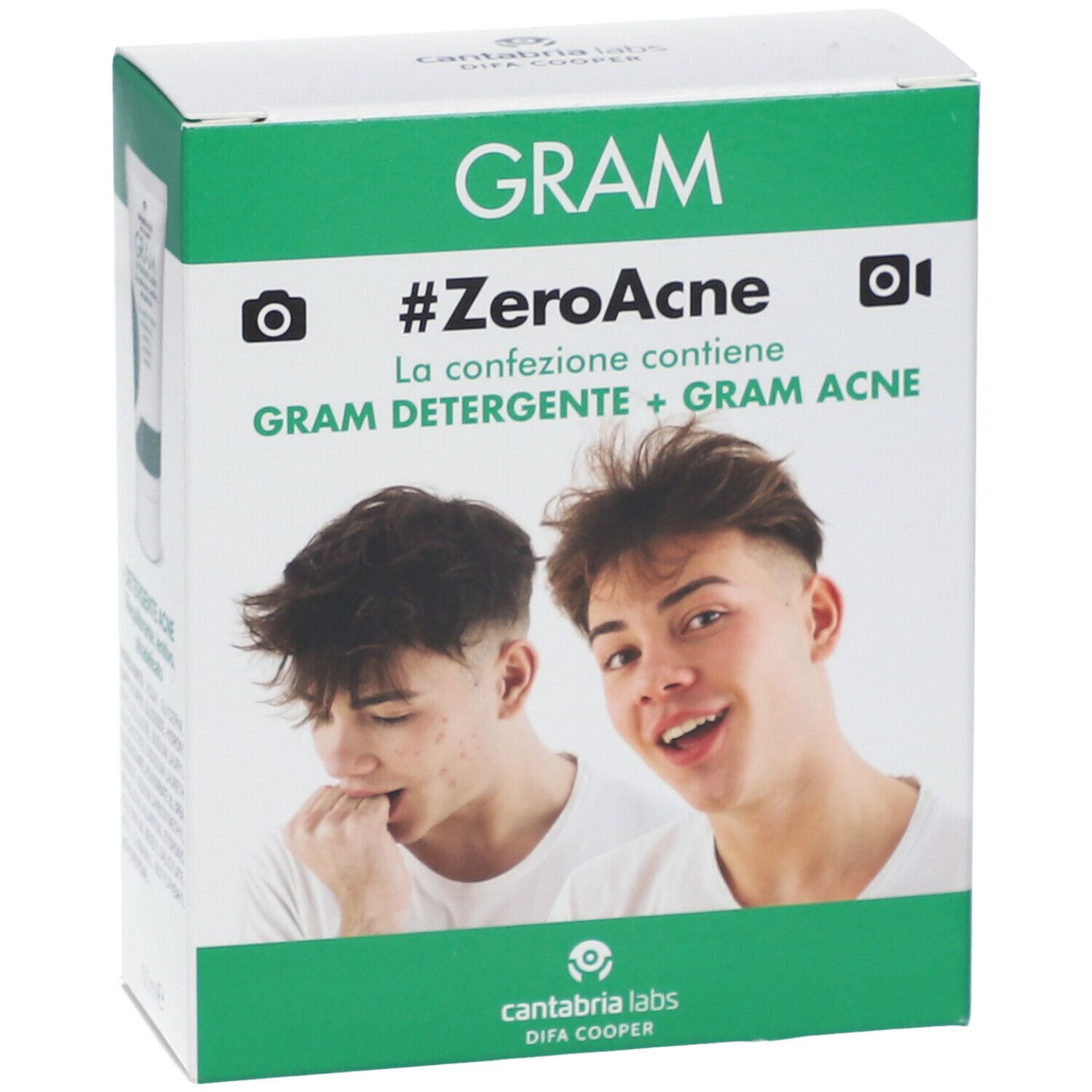 Confezione GRAM #ZeroAcne. Contiene GRAM DETERGENTE + GRAM ACNE. Rappresentati due ragazzi. Sulla confezione è visibile un tubetto.