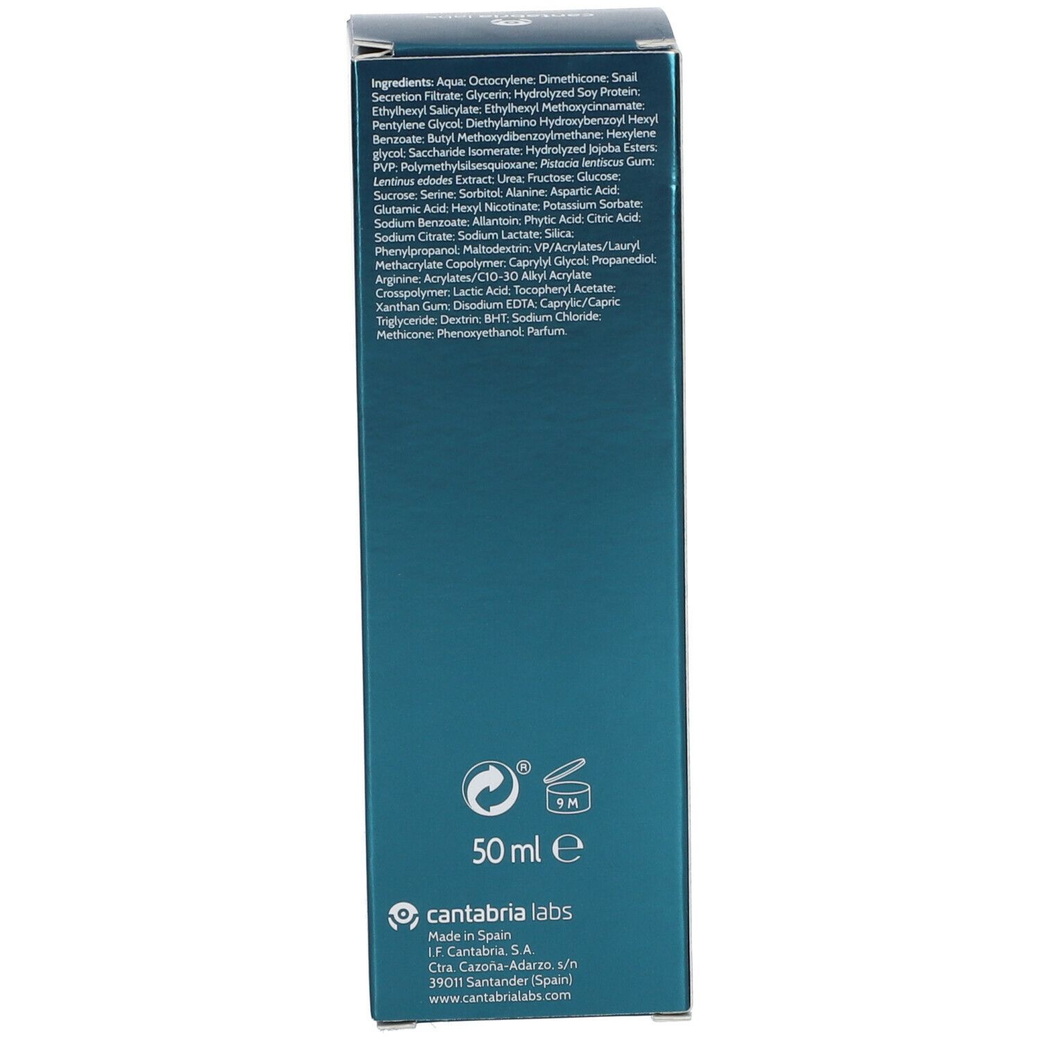 Confezione prodotto. Scritta: Endocare Tensage Day Cream SPF 30. Ingredienti, istruzioni per l'uso e informazioni sul produttore.