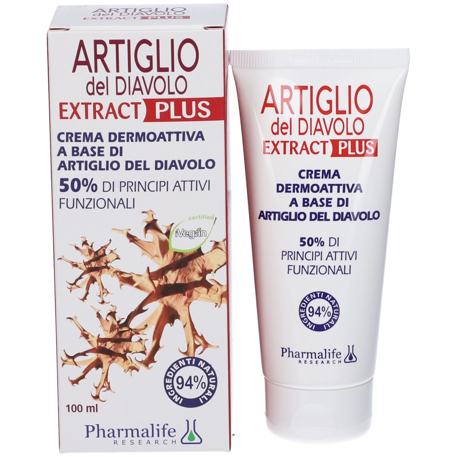 Produktverpackung mit Tube und Karton. Aufschrift: ARTIGLIO del DIAVOLO EXTRACT PLUS. Creme dermoattiva. Marke: Pharmalife.
