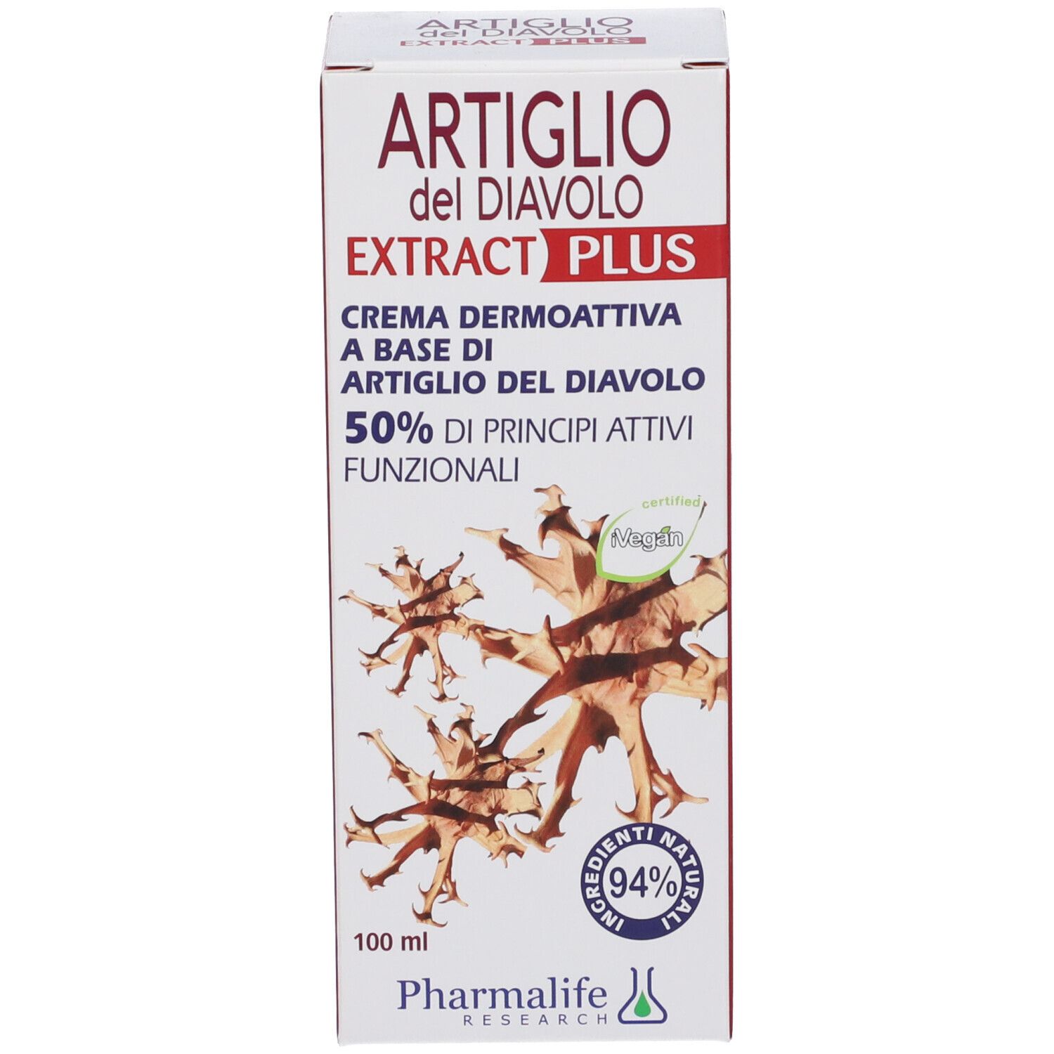 Kartonverpackung. Aufschrift: ARTIGLIO del DIAVOLO EXTRACT PLUS. Creme dermoattiva. Marke: Pharmalife. Mit Abbildung von Teufelskrallen.