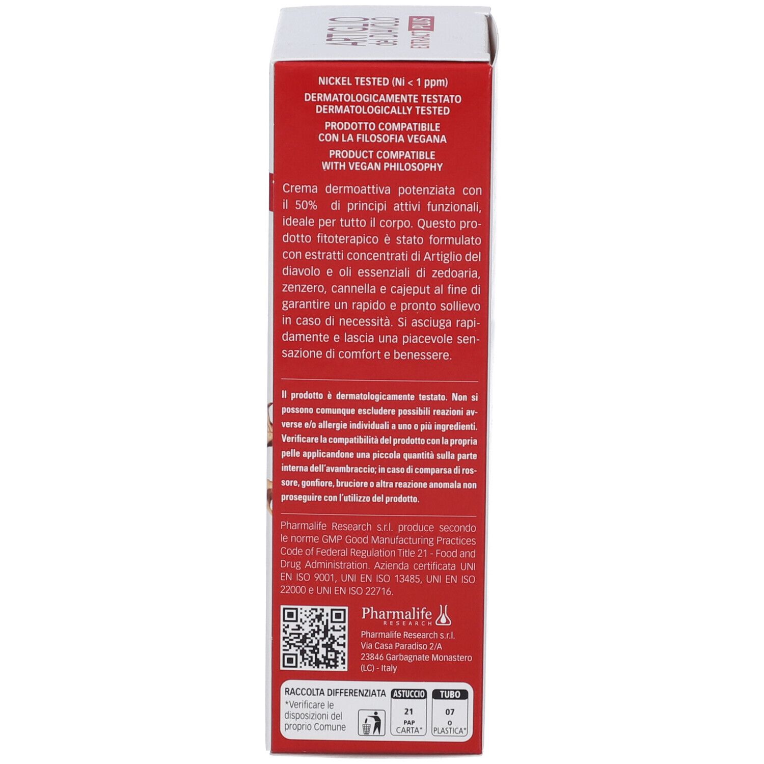 Seitenansicht der Kartonverpackung. Text in italienischer Sprache. Enthält Informationen zu Inhaltsstoffen und Hersteller.