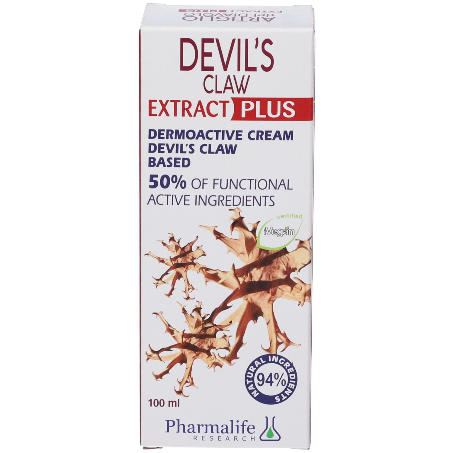 Kartonverpackung. Aufschrift: DEVIL'S CLAW EXTRACT PLUS. Creme. Marke: Pharmalife. Mit Abbildung von Teufelskrallen.