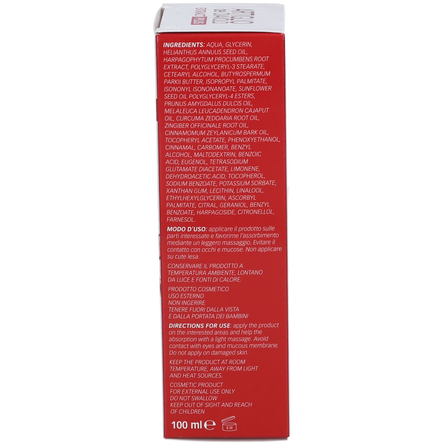 Rückseite der Kartonverpackung. Text in italienischer Sprache. Enthält Informationen zu Inhaltsstoffen und Anwendung.