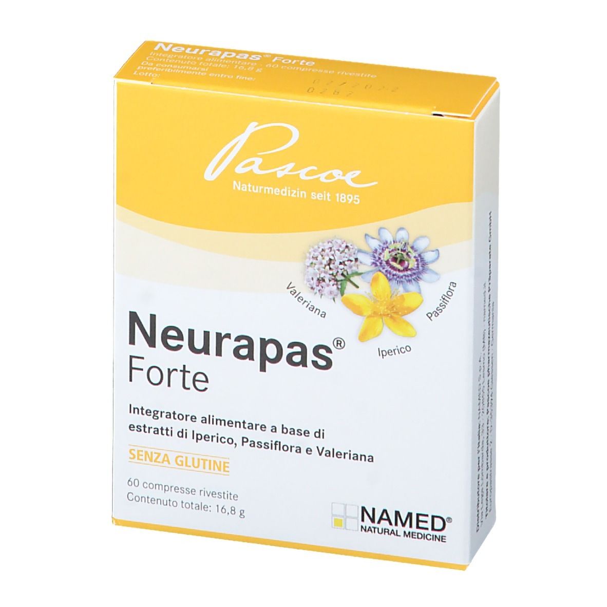 Scatola gialla Neurapas Forte, logo Pascoe e NAMED. Contiene 60 compresse, senza glutine. Estratti vegetali.
