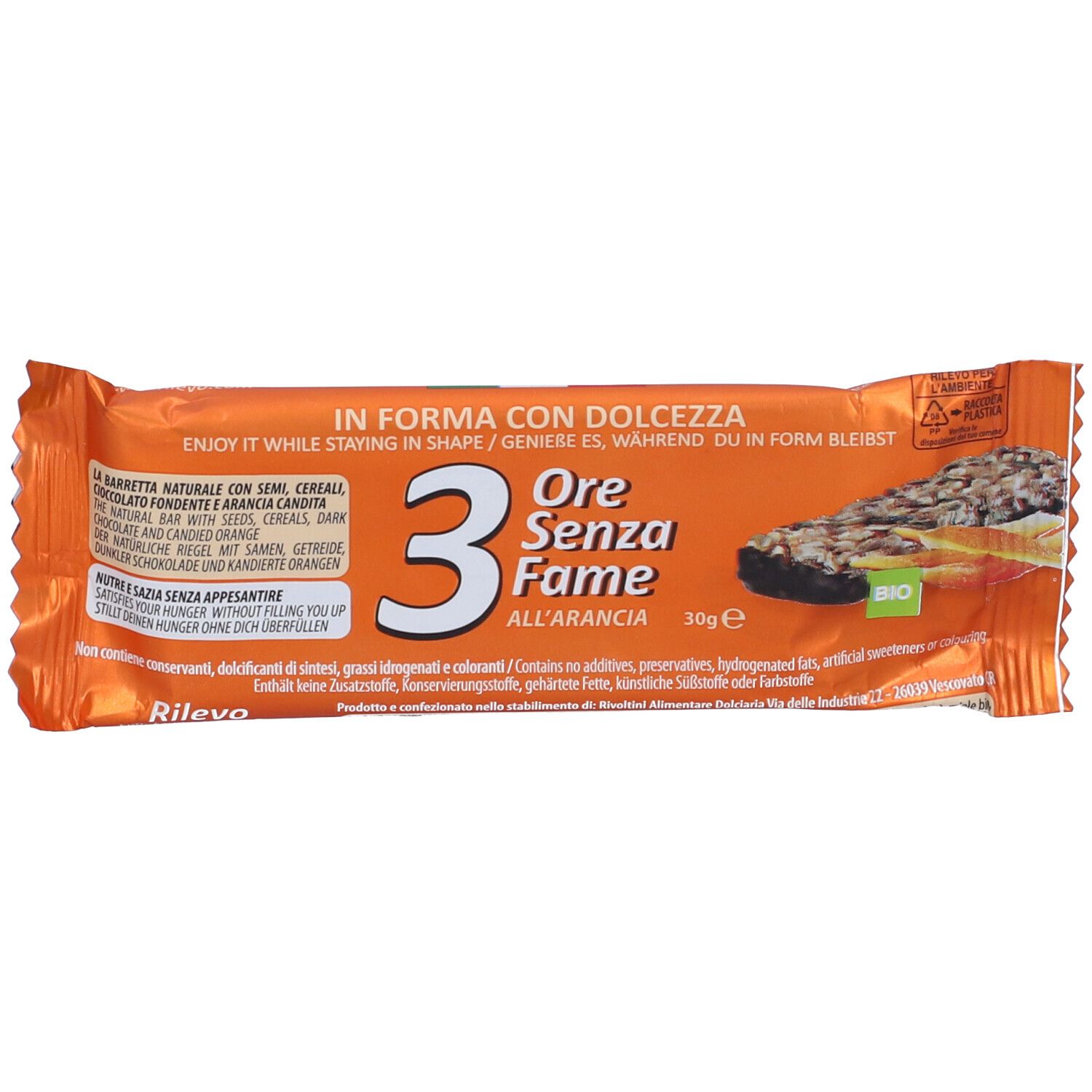 Confezione singola di barretta. Scritta: 3 Ore Senza Fame Arancia. Confezione arancione con immagine del prodotto.