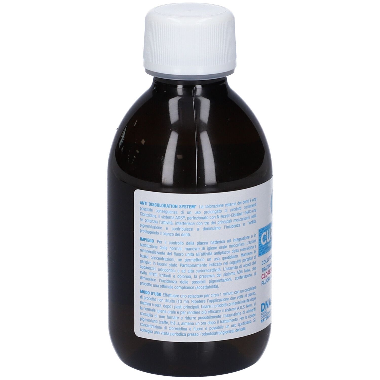 Rückseite einer braunen Flasche mit weißem Deckel. Aufschrift: 200 ml, Informationen zum Produkt.