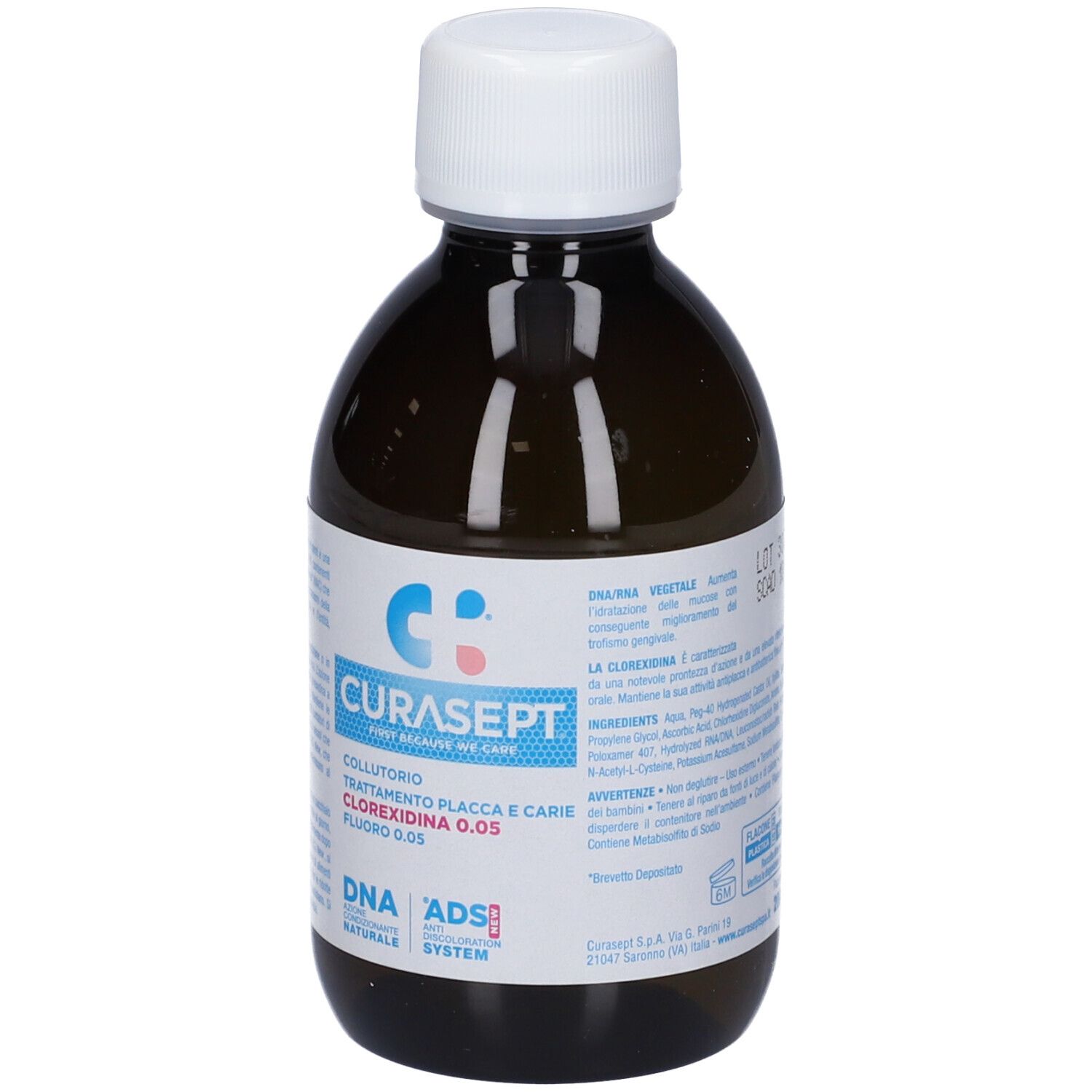 Braune Flasche mit weißem Deckel. Aufschrift: Curasept, Mundspülung, Chlorhexidin 0,05, Fluor 0,05. DNA ADS System.