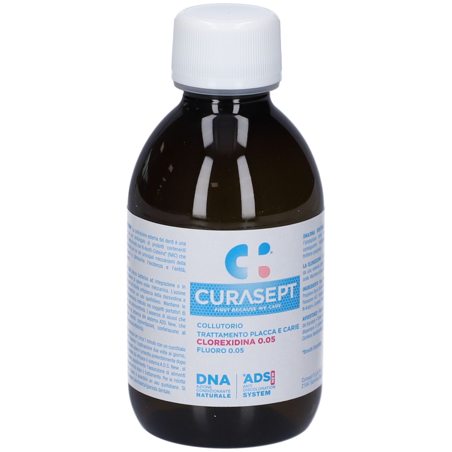 Braune Flasche mit weißem Deckel. Aufschrift: Curasept, Mundspülung, Chlorhexidin 0,05, Fluor 0,05. DNA ADS System.