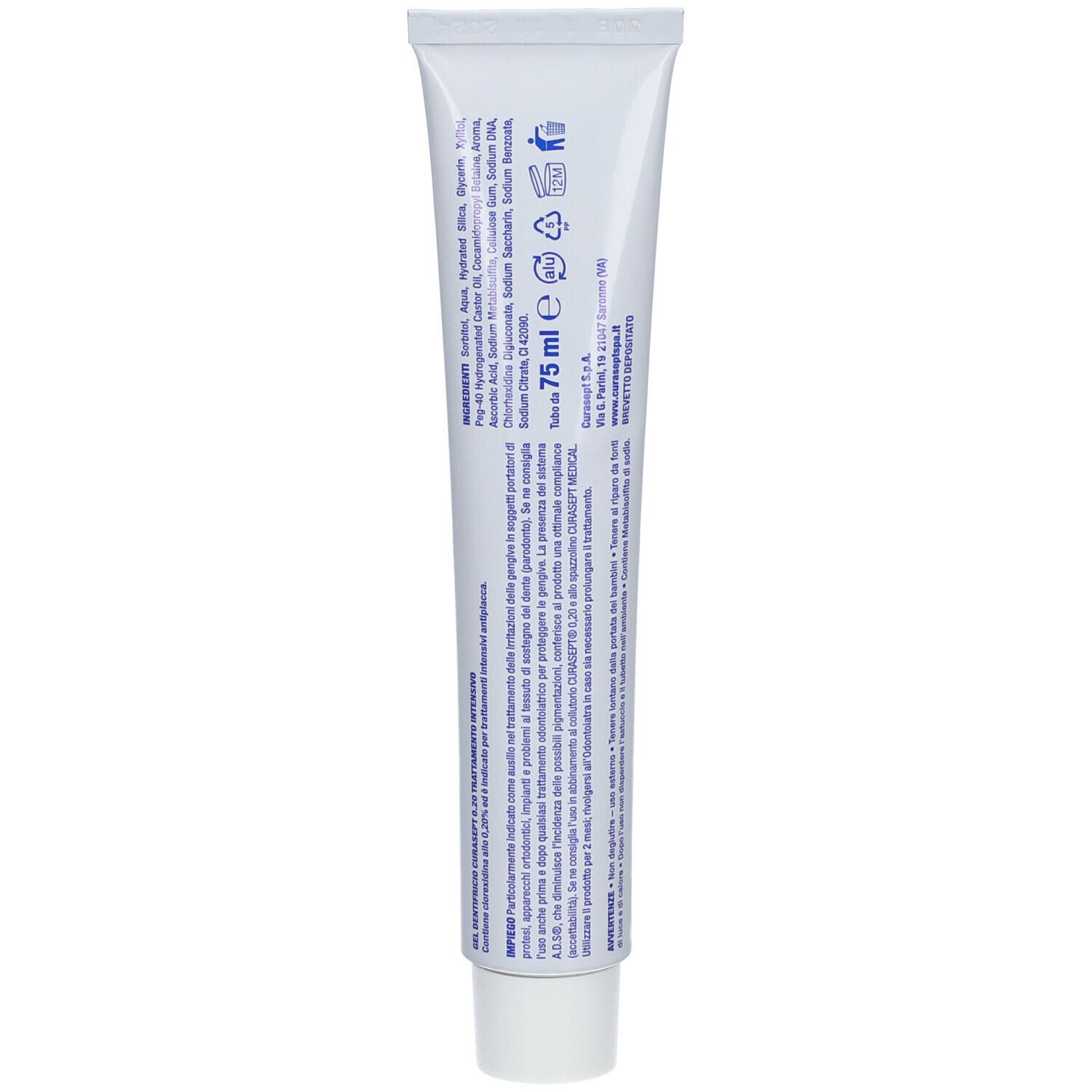 Retro di un tubetto di dentifricio bianco. Testo in blu. Ingredienti e informazioni. 75 ml.