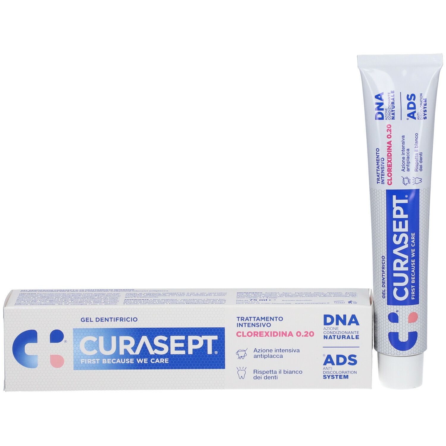 Tubo e scatola di dentifricio. Tubo e scatola bianchi con testo blu. CURASEPT®.