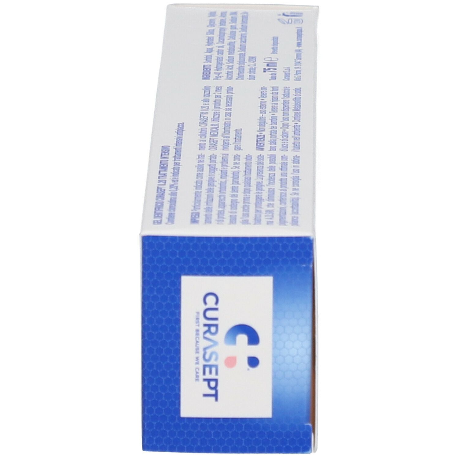 Scatola con sfondo bianco e logo blu. Logo CURASEPT®. Testo sul lato.