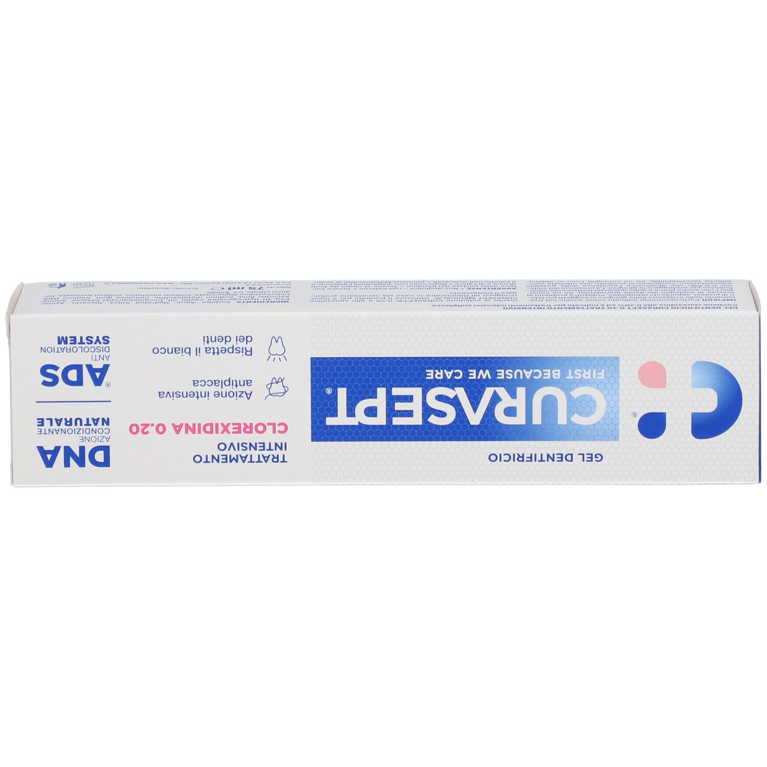 Scatola bianca con testo blu. Logo CURASEPT®. Testo: CLOREXIDINA 0,20. Gel dentifricio.