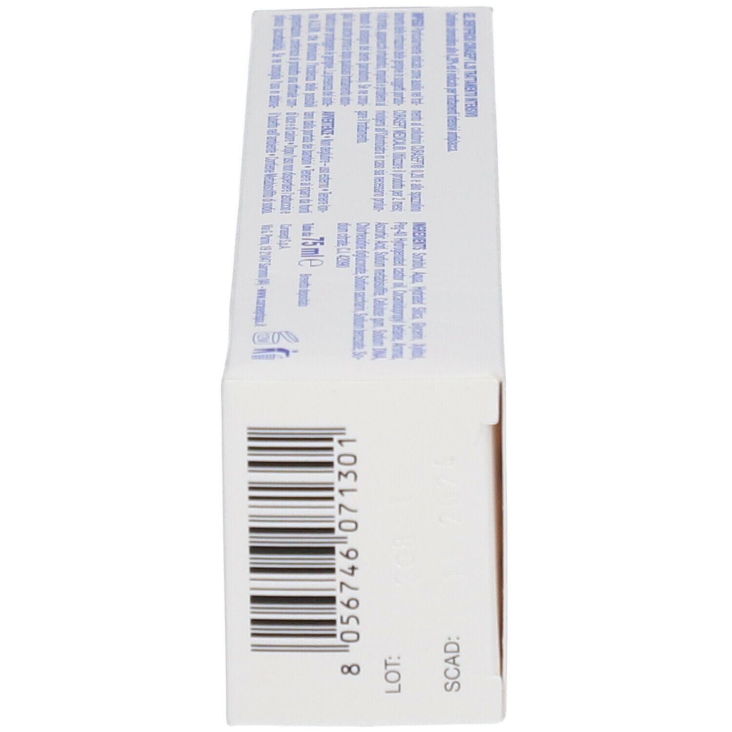 Scatola con sfondo bianco. Codice a barre e testo. 75 ml. CURASEPT®.