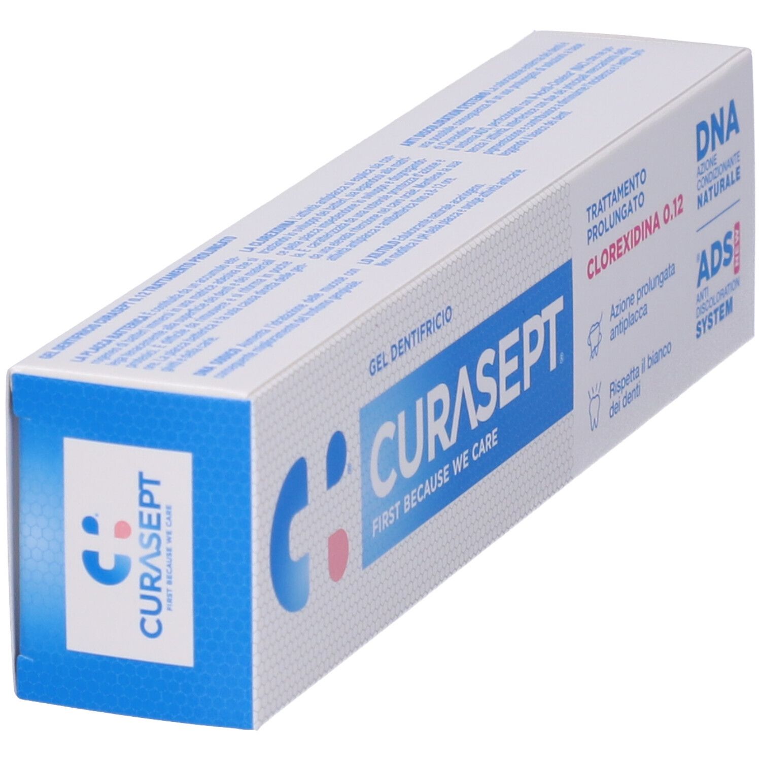 Confezione di gel CURASEPT® Clorexidina 0,12. Scatola blu e bianca con informazioni e logo.