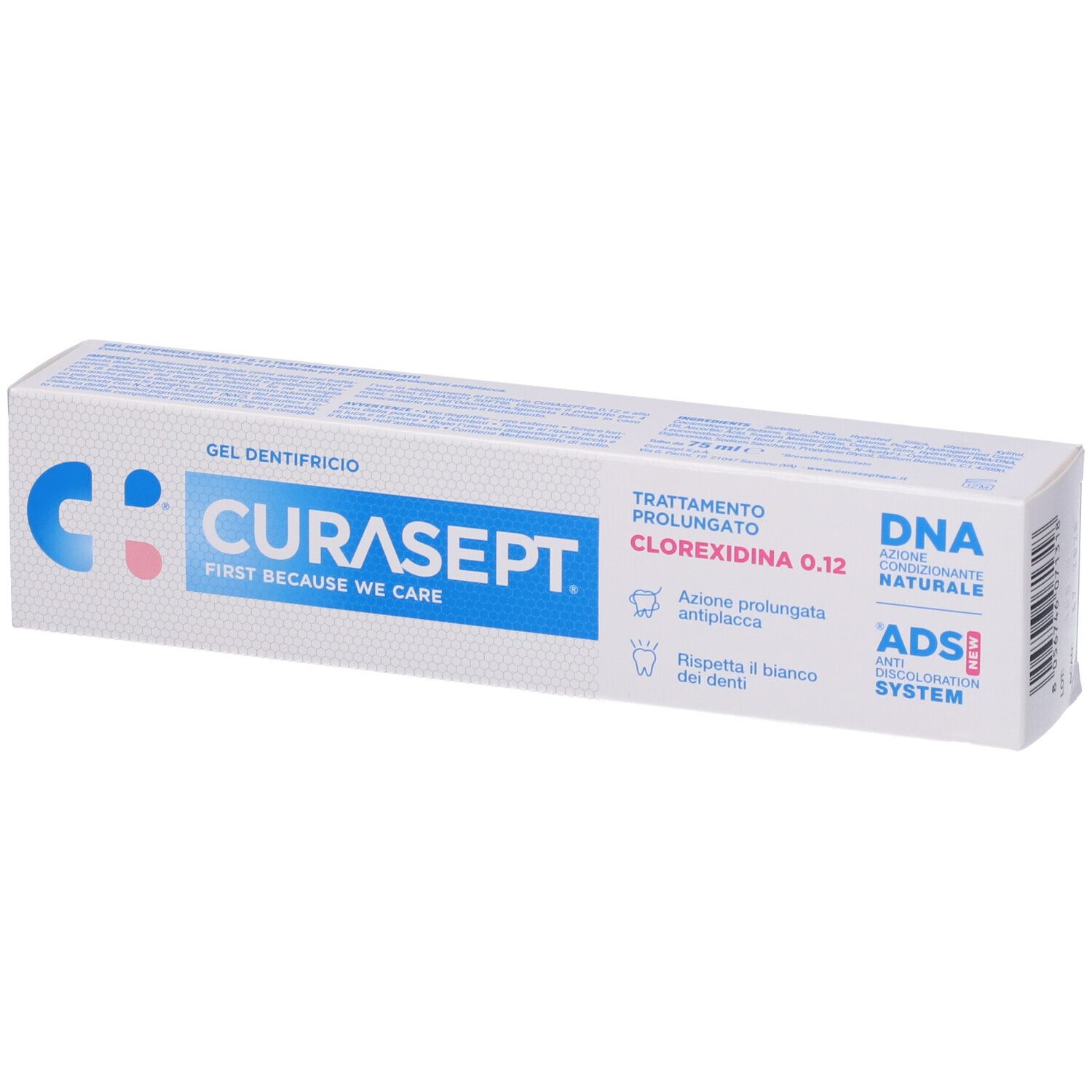 Confezione di gel CURASEPT® Clorexidina 0,12. Scatola blu e bianca con informazioni e logo.