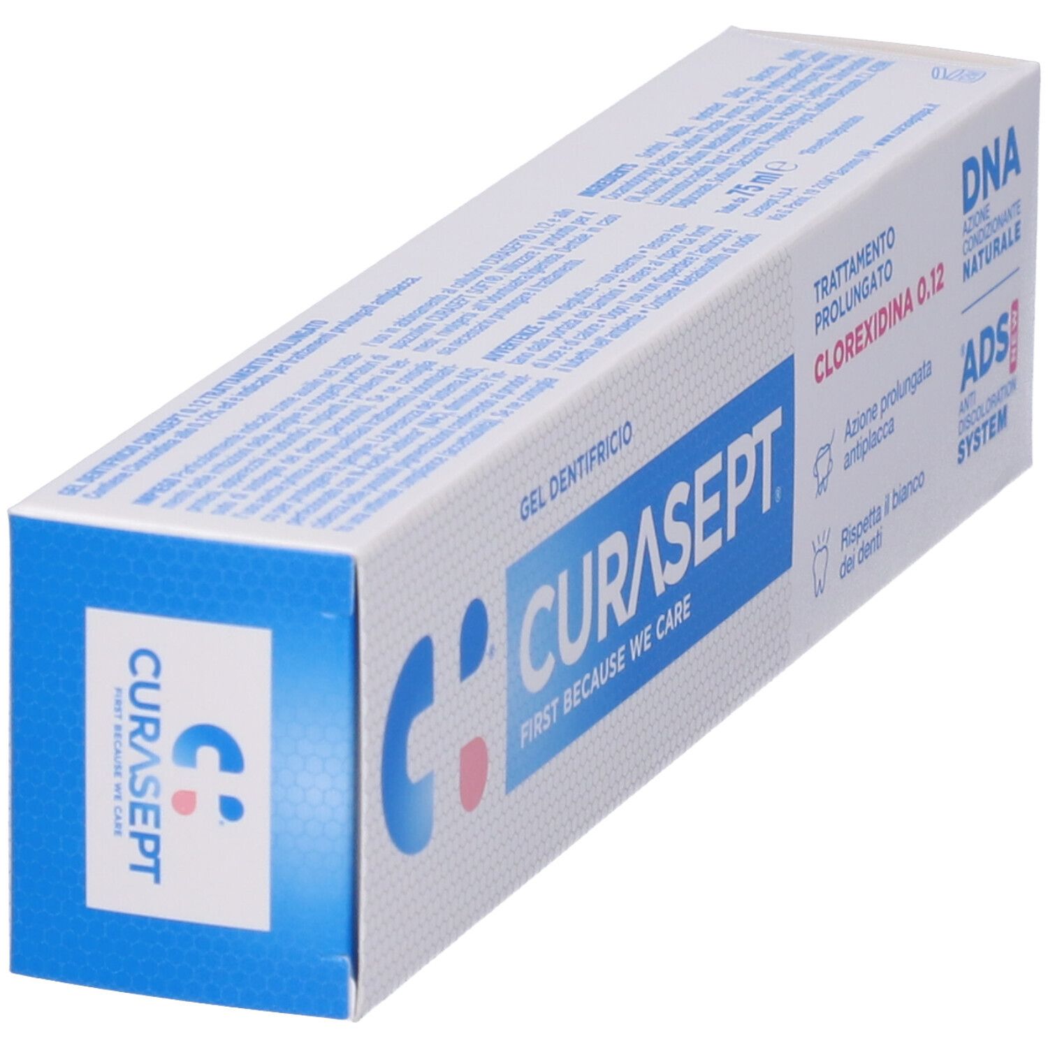Confezione di gel CURASEPT® Clorexidina 0,12. Scatola blu e bianca con informazioni e logo.
