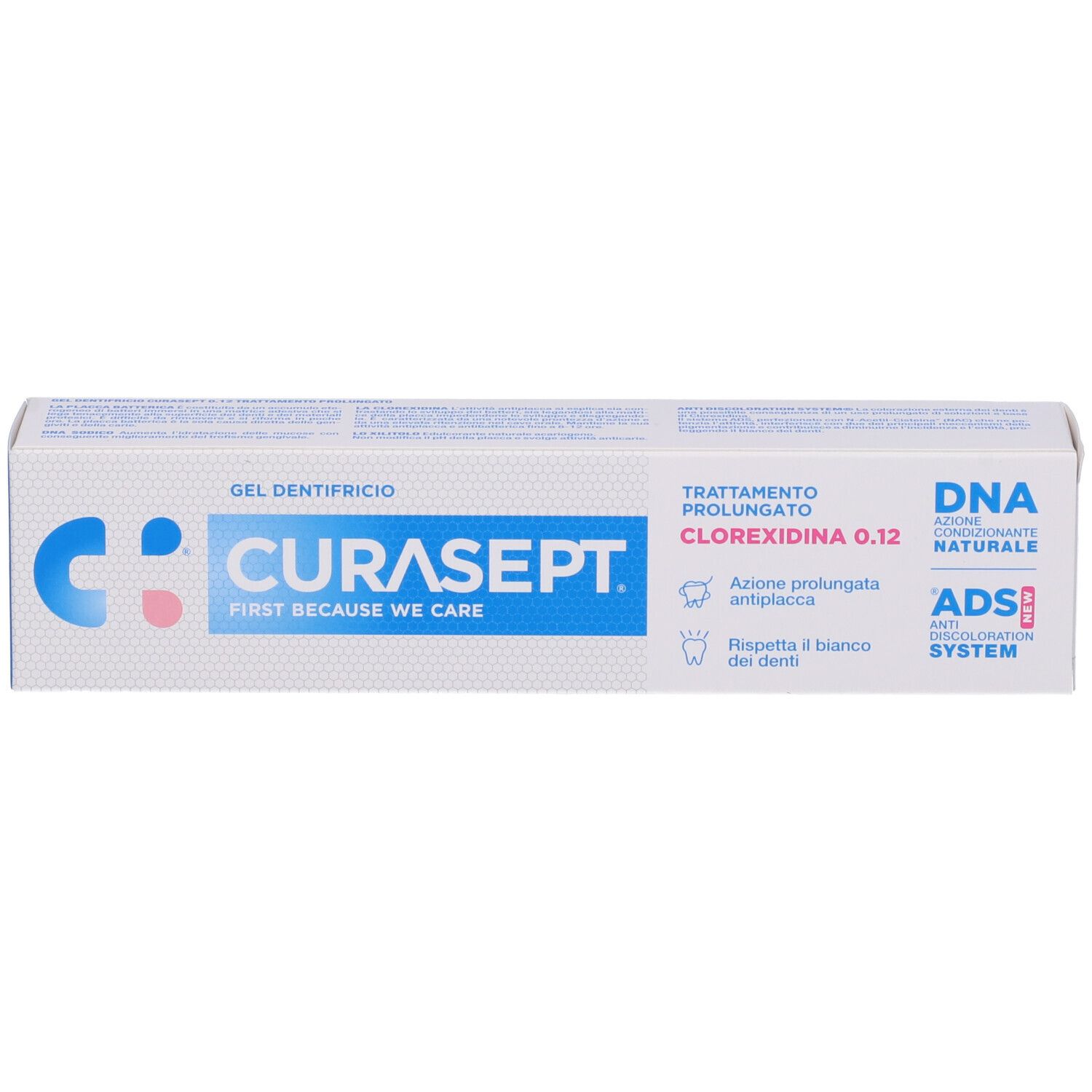 Confezione di gel CURASEPT® Clorexidina 0,12. Scatola blu e bianca con informazioni e logo.