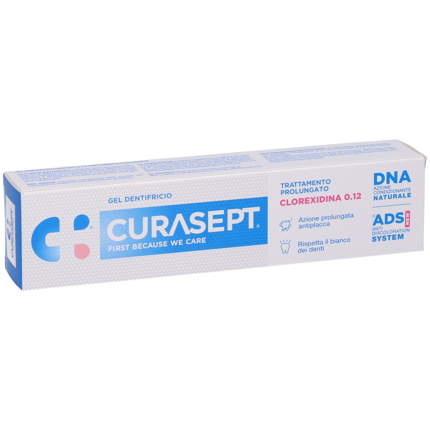Confezione di gel CURASEPT® Clorexidina 0,12. Scatola blu e bianca con informazioni e logo.