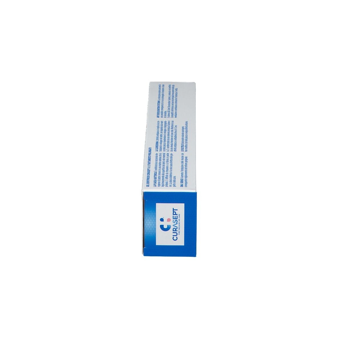 Confezione di gel CURASEPT® Clorexidina 0,12. Scatola blu e bianca con informazioni e logo.