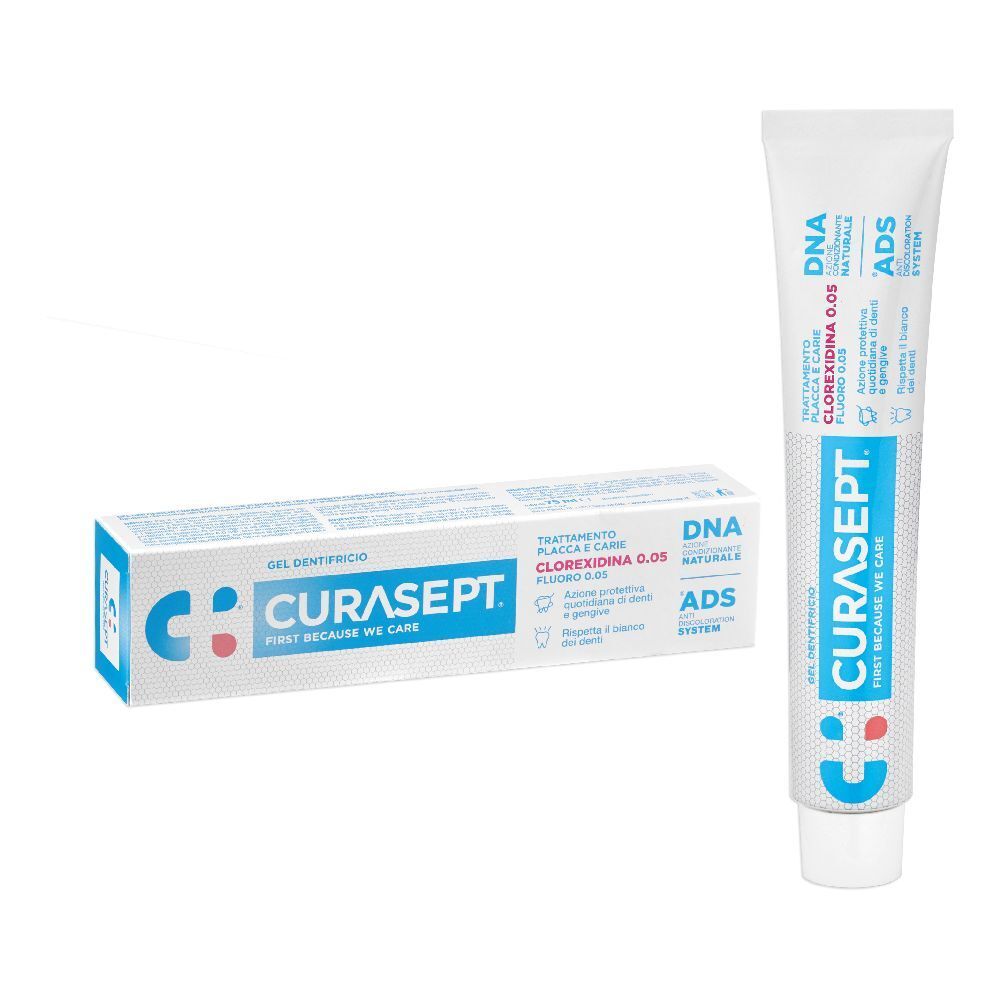 Tubo e scatola di dentifricio. Tubo bianco con stampa blu. Scatola bianca con stampa blu e rossa. Logo CURASEPT.