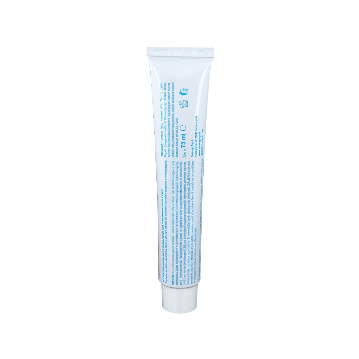 Retro di un tubo bianco. Testo e simboli in blu. Contiene 75 ml.
