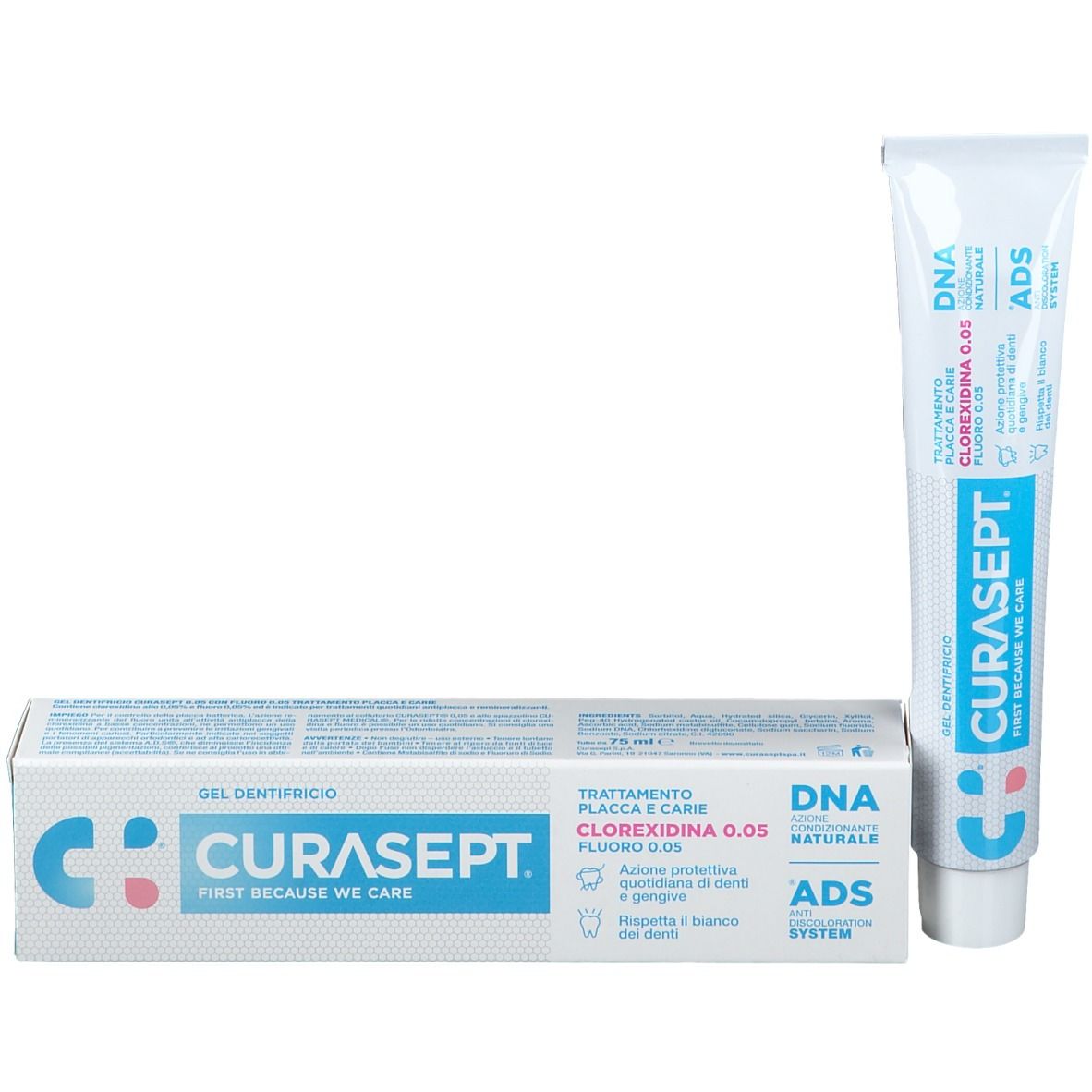 Tubo e scatola di dentifricio. Tubo e scatola bianchi con stampa blu. Logo CURASEPT.