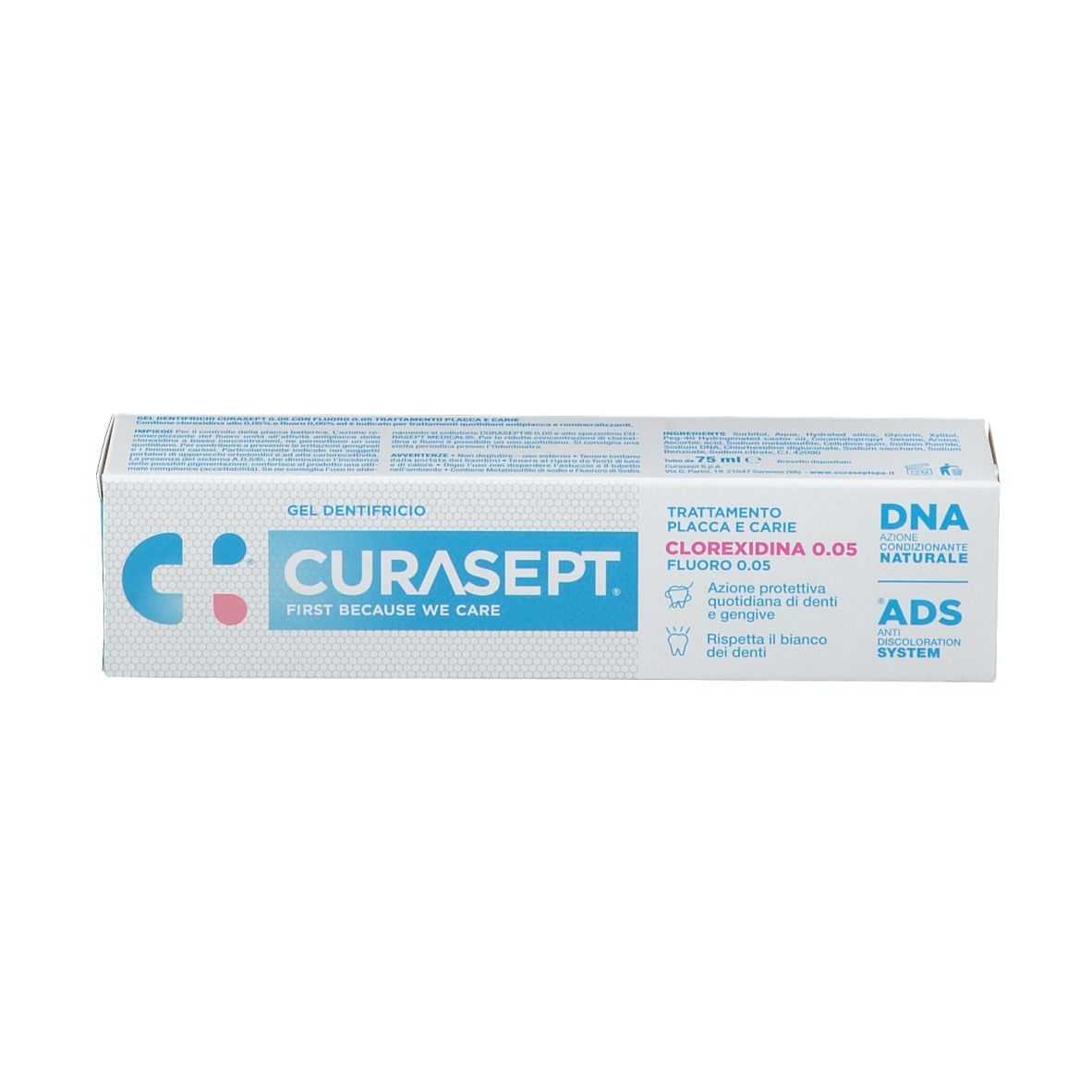 Scatola bianca con stampa blu. Logo CURASEPT. Testo: Clorexidina 0,05%. DNA naturale. Sistema ADS.