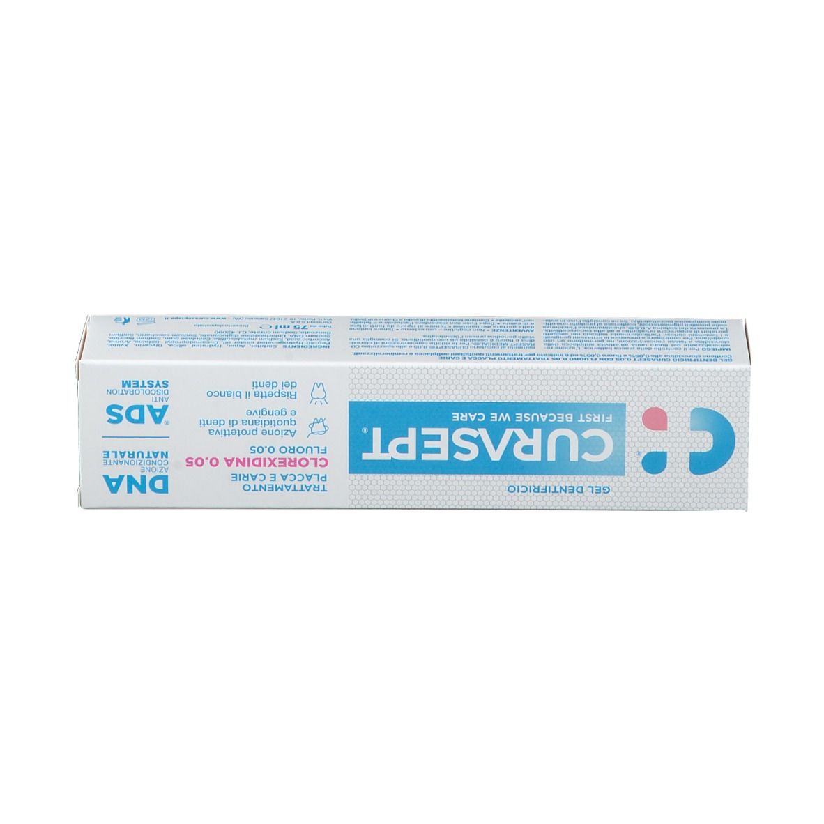 Scatola bianca con stampa blu. Logo CURASEPT. Testo: Clorexidina 0,05%. DNA naturale. Sistema ADS.