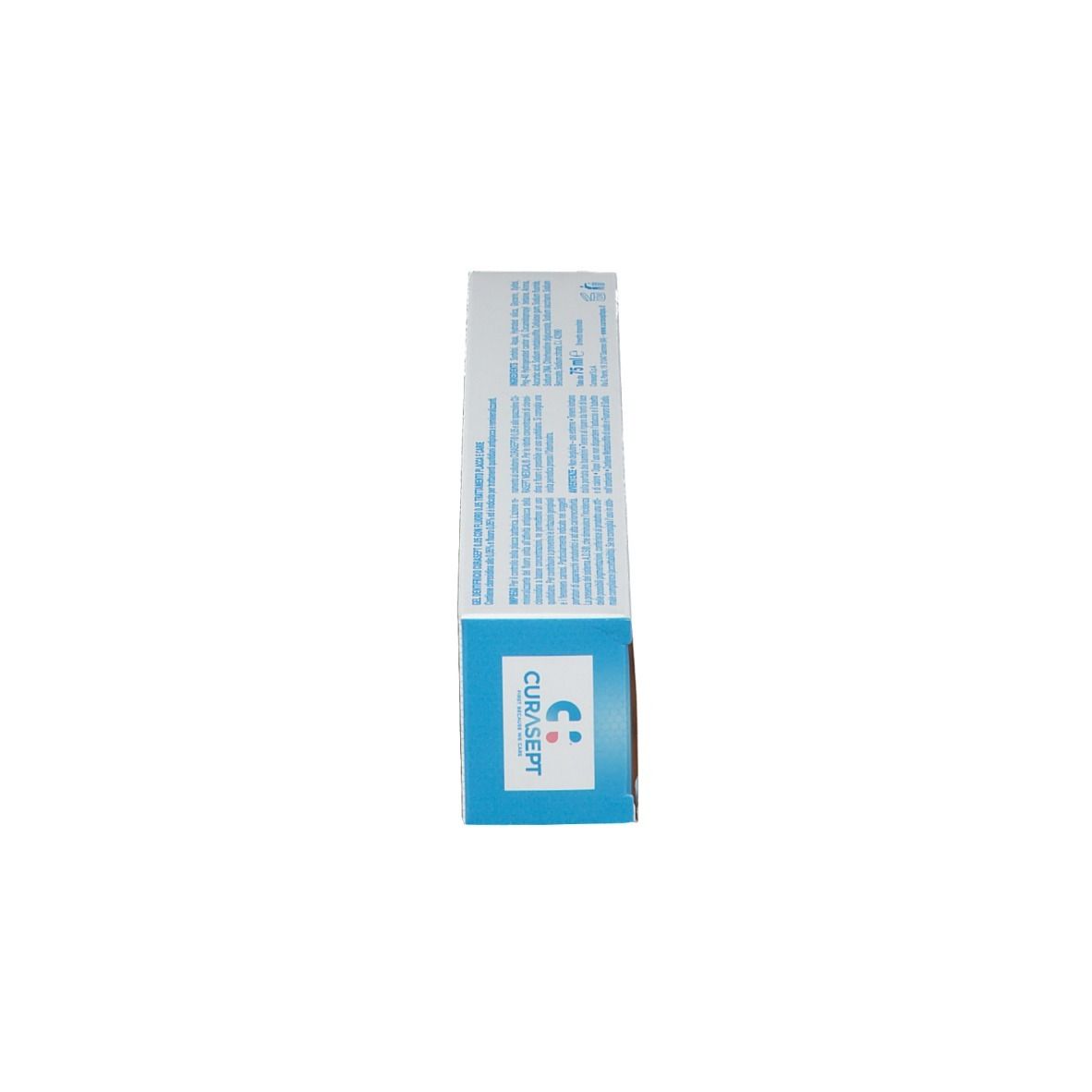 Scatola vista di lato. Bianco con stampa blu. Logo CURASEPT.