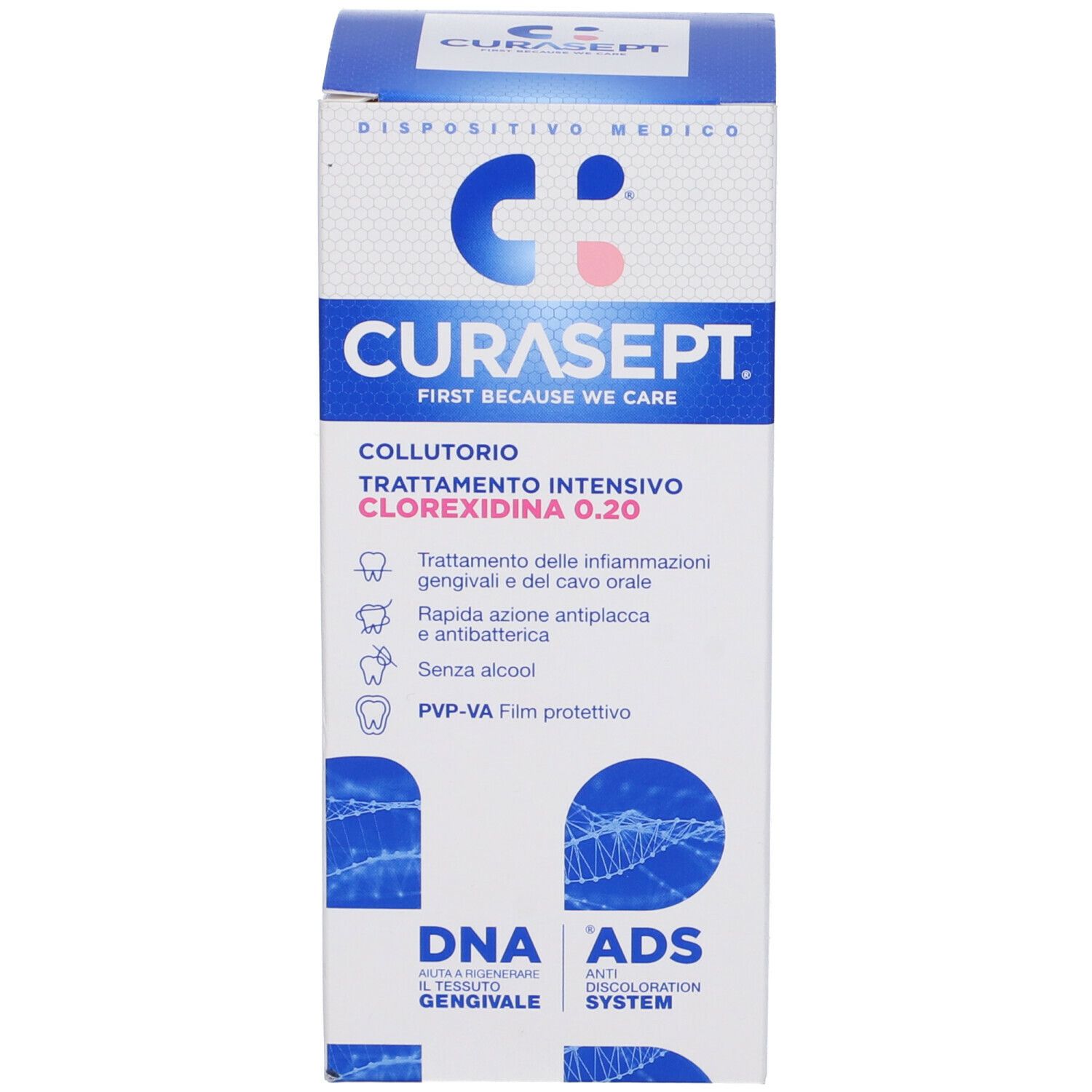 Scatola con testo. Sulla scatola è scritto "CURASEPT" e "Clorexidina 0.20".
