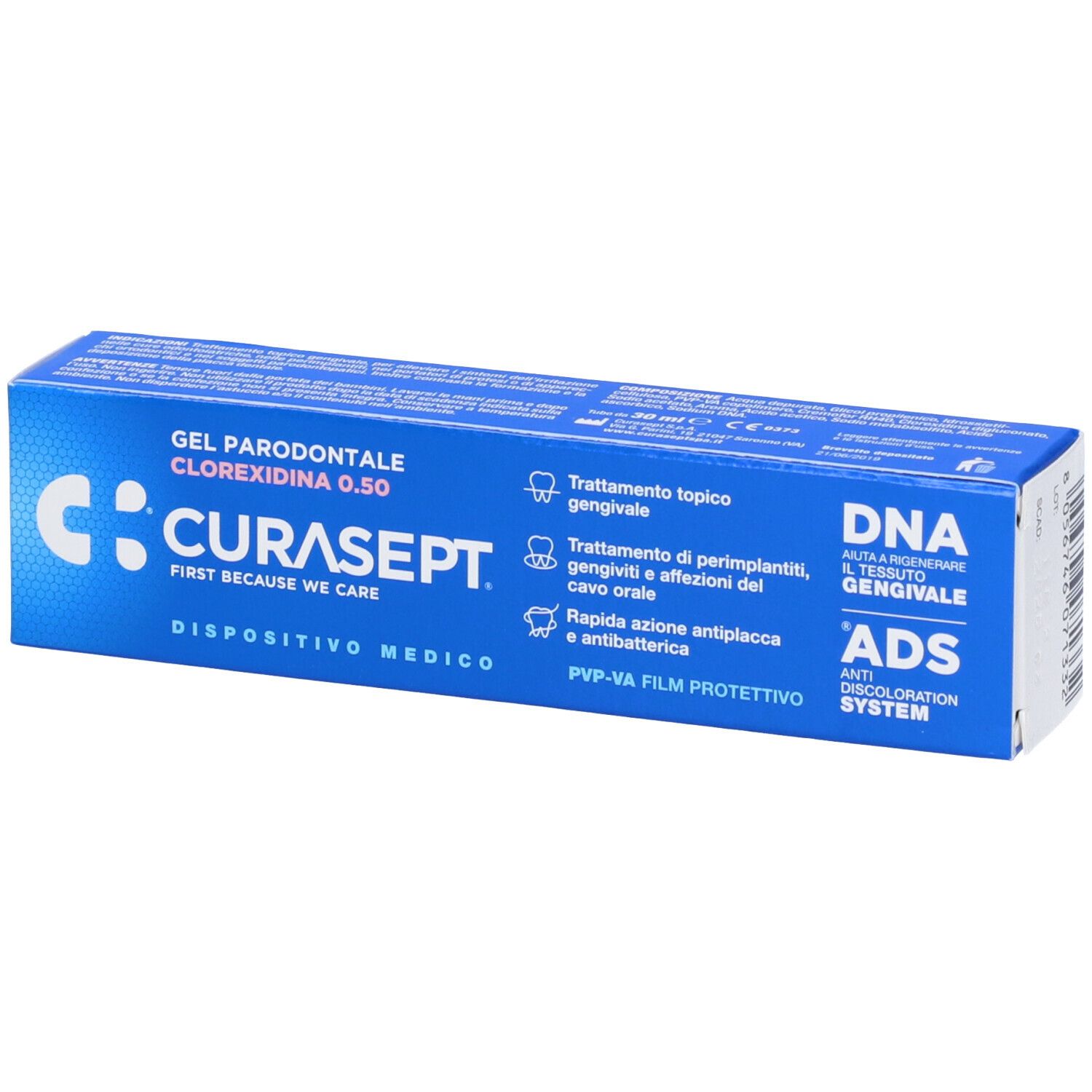 Scatola blu e bianca con nome CURASEPT. Testo: Gel Parodontale, Clorexidina 0,50. Dispositivo medico.