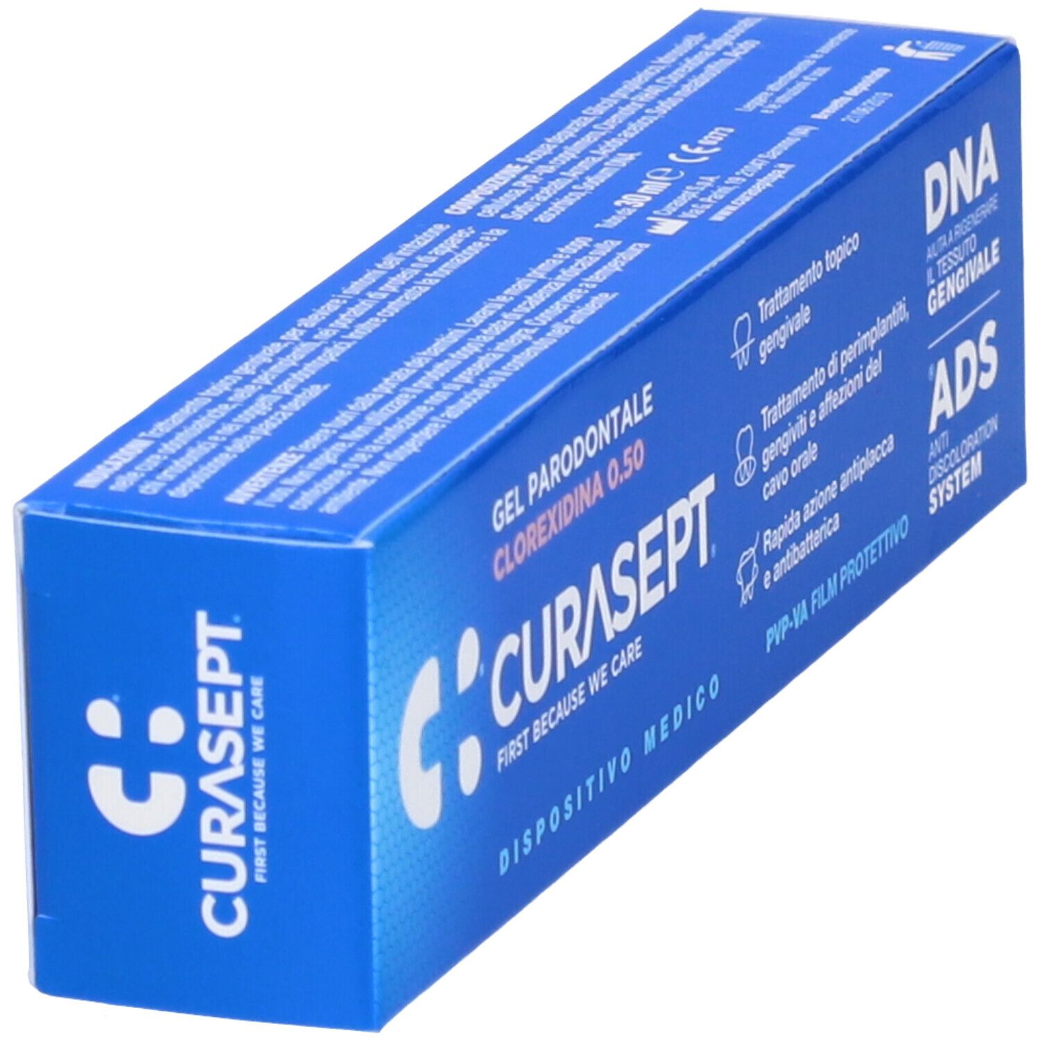 Scatola blu con logo CURASEPT e testo: Gel Parodontale, Clorexidina 0,50. Dispositivo medico.