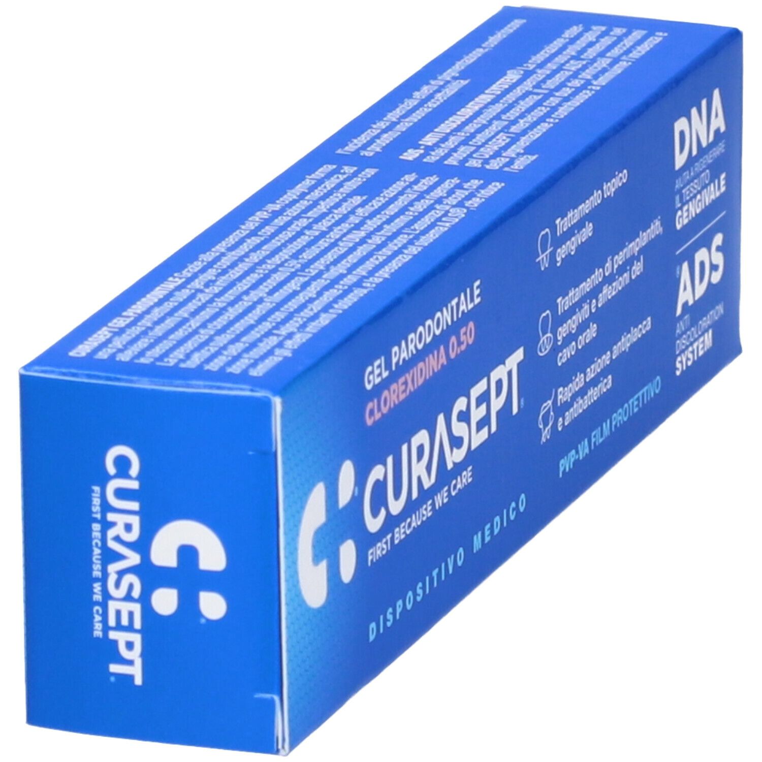 Scatola blu con logo CURASEPT e testo: Gel Parodontale, Clorexidina 0,50. Dispositivo medico.