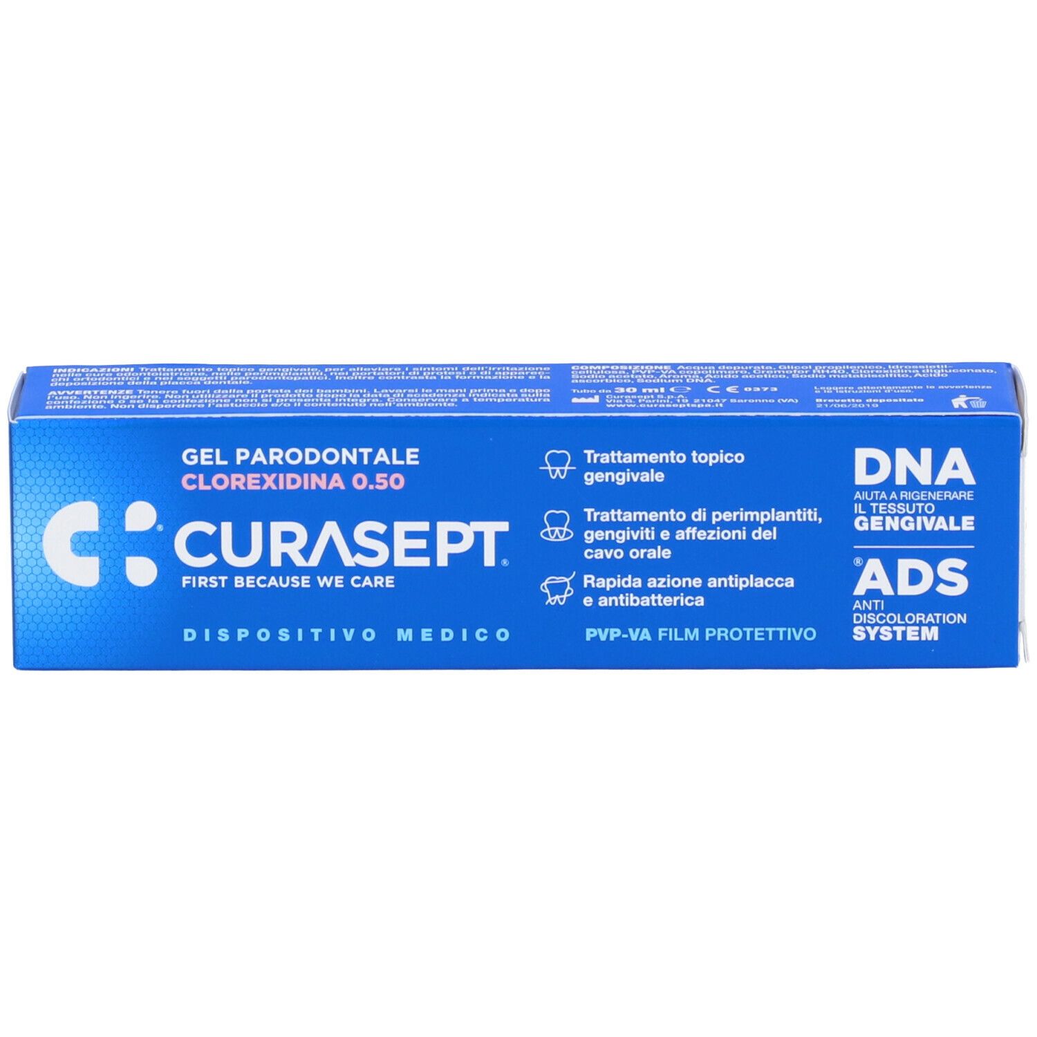 Scatola blu e bianca con nome CURASEPT. Testo: Gel Parodontale, Clorexidina 0,50. Dispositivo medico.