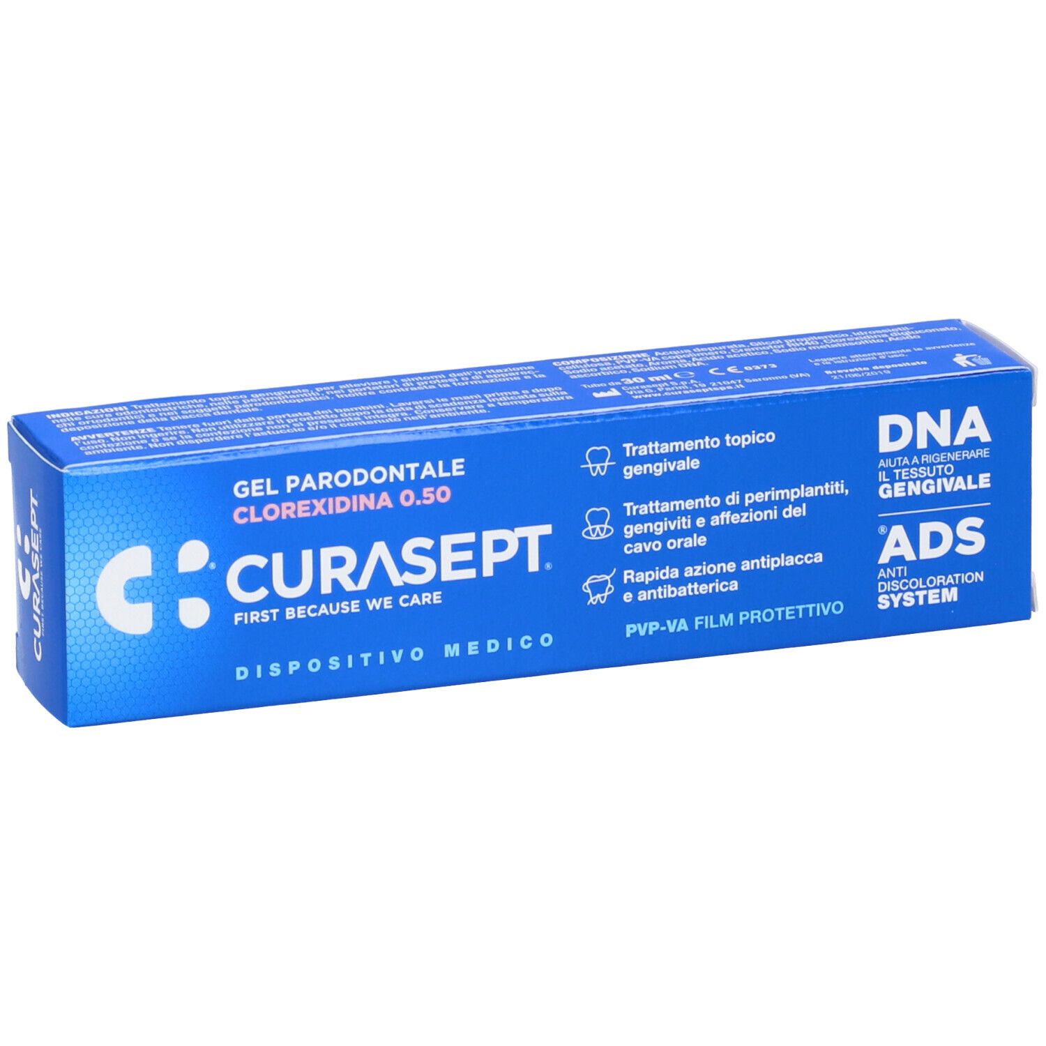 Scatola blu e bianca con nome CURASEPT. Testo: Gel Parodontale, Clorexidina 0,50. Dispositivo medico.